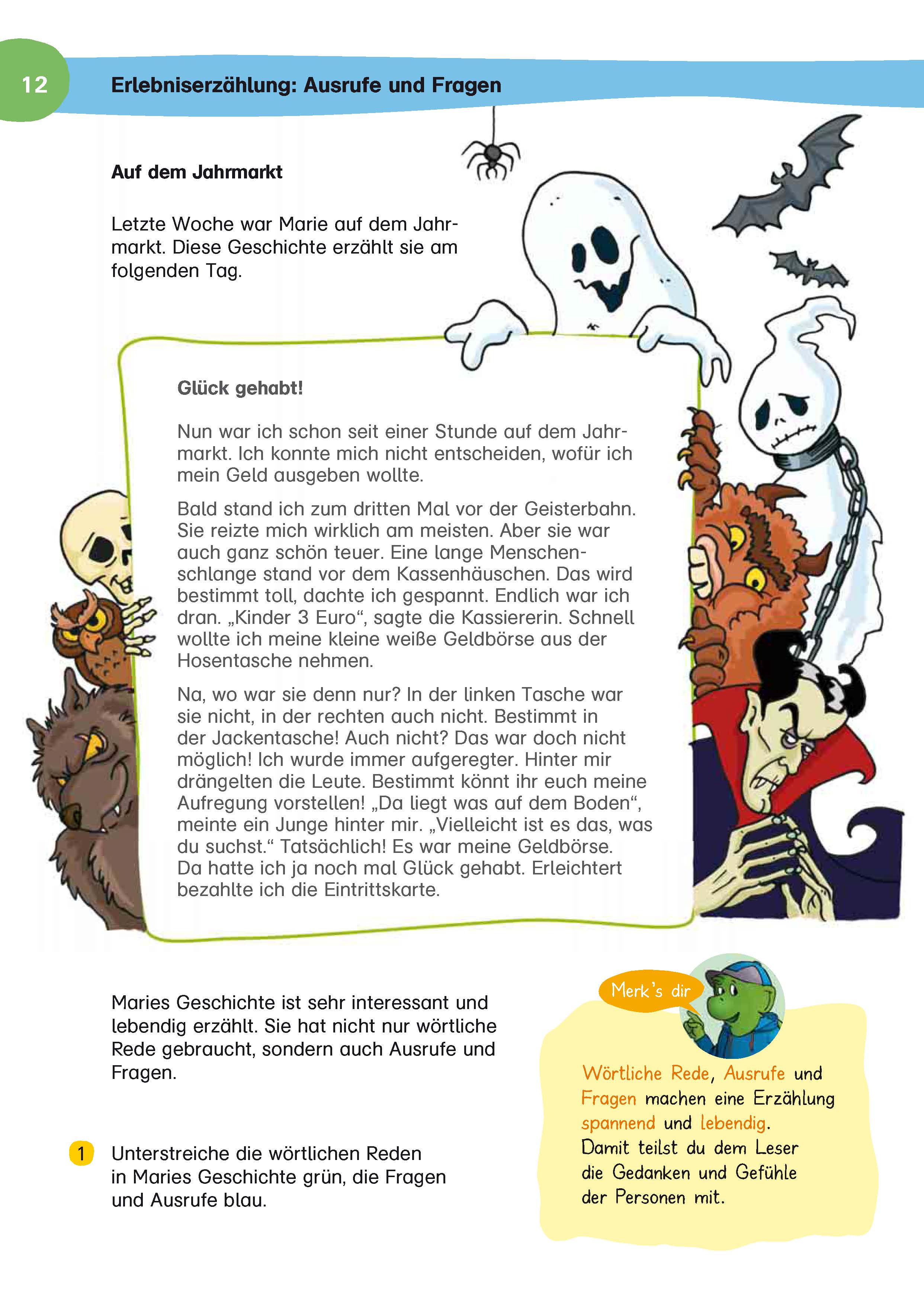 Eine Seite aus einem deutschen Kinderbuch zeigt Gespenster und Skelette auf einem Jahrmarkt, mit deutschem Text, der Maries Erfahrungen in der Geisterbahn beschreibt.