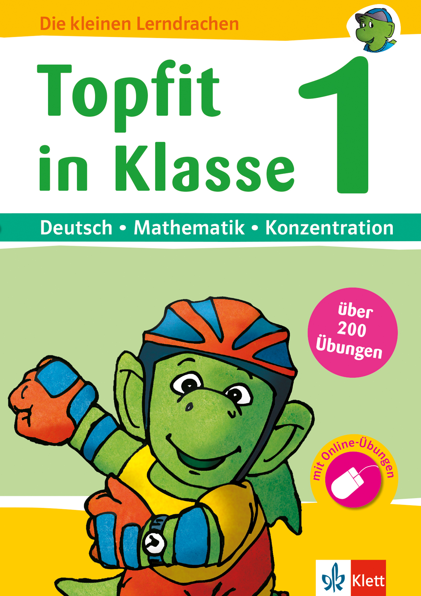Ein Zeichentrickdrache in Sportklamotten zeigt den Daumen nach oben auf dem Umschlag eines deutschen Arbeitsbuchs für Mathematik, Deutsch und Konzentration mit dem Titel Topfit in Klasse 1.