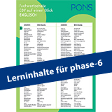 Ein grünes und weißes Vokabelblatt mit der Überschrift Englisch und einem blauen Banner mit der Aufschrift Lerninhalte für phase-6.