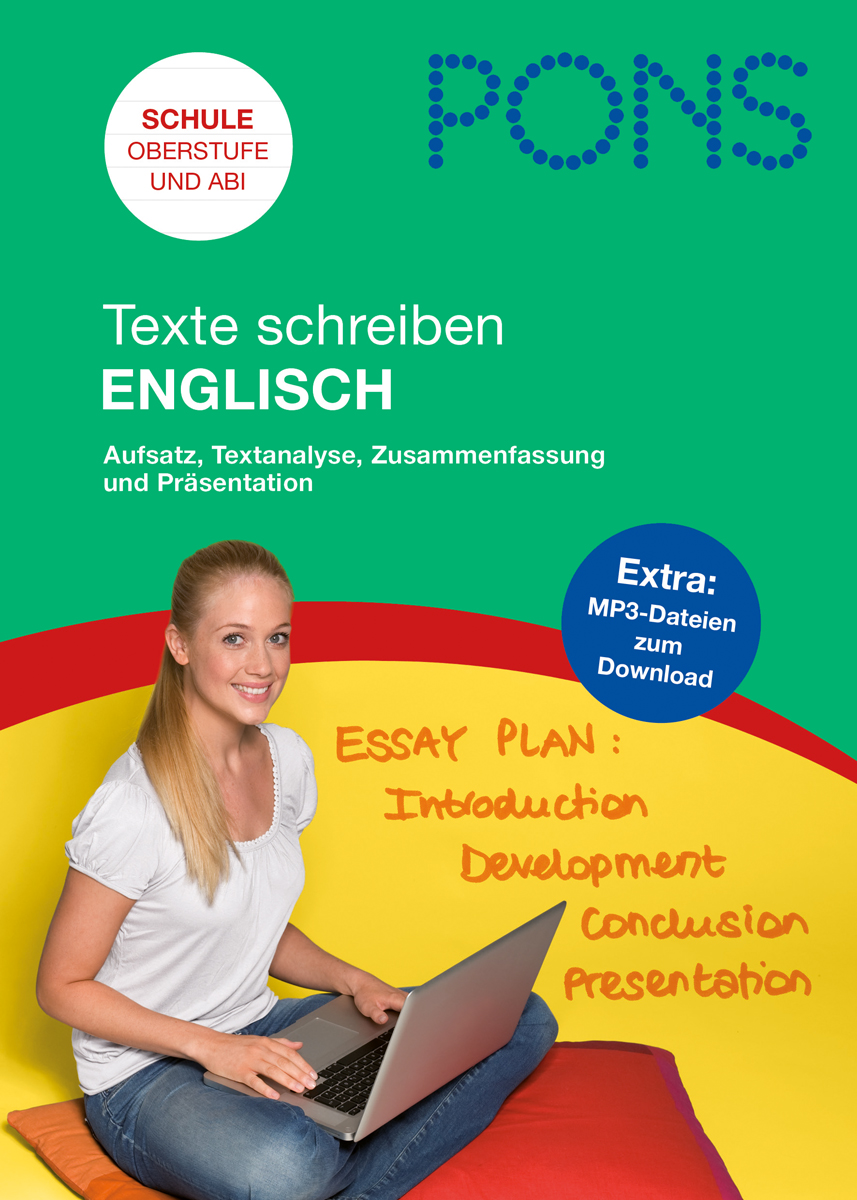 Eine junge Frau sitzt mit einem Laptop auf dem Boden, vor ihr liegen handgeschriebene englische Aufsatzplanbegriffe. Das Buchcover fördert englische Schreibfähigkeiten für die Oberstufe und Prüfungen.