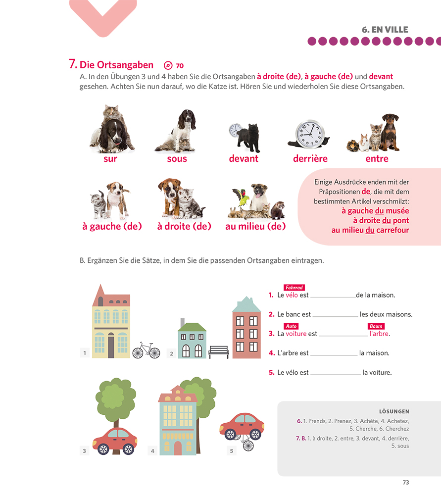 Eine deutschsprachige Arbeitsbuchseite mit Bildern von Hunden und einer Katze zur Veranschaulichung von Ortspräpositionen sowie Zeichnungen von Häusern und Autos für Übungen.