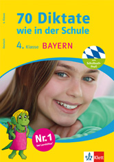 70 Diktate wie in der Schule, 4. Klasse Umschlag eines deutschen Arbeitsbuchs mit dem Titel 70 Diktate wie in der Schule, 4. Klasse BAYERN mit einem lächelnden Mädchen und einem Cartoon-Drachen auf gelbem Hintergrund.
