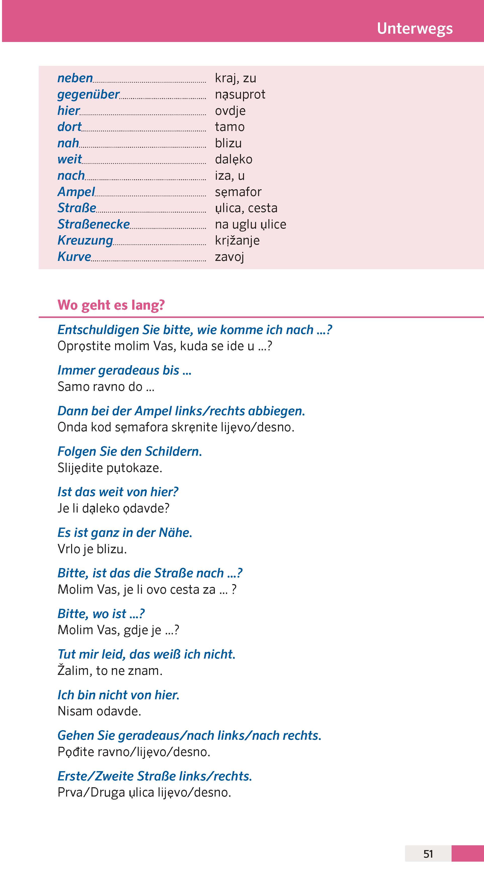 Eine mehrsprachige Vokabelliste mit deutschen Reisesätzen, ihren serbischen Übersetzungen und englischen Bedeutungen, mit fettgedruckten Überschriften und farblicher Hervorhebung zur Navigation und Wegbeschreibung.