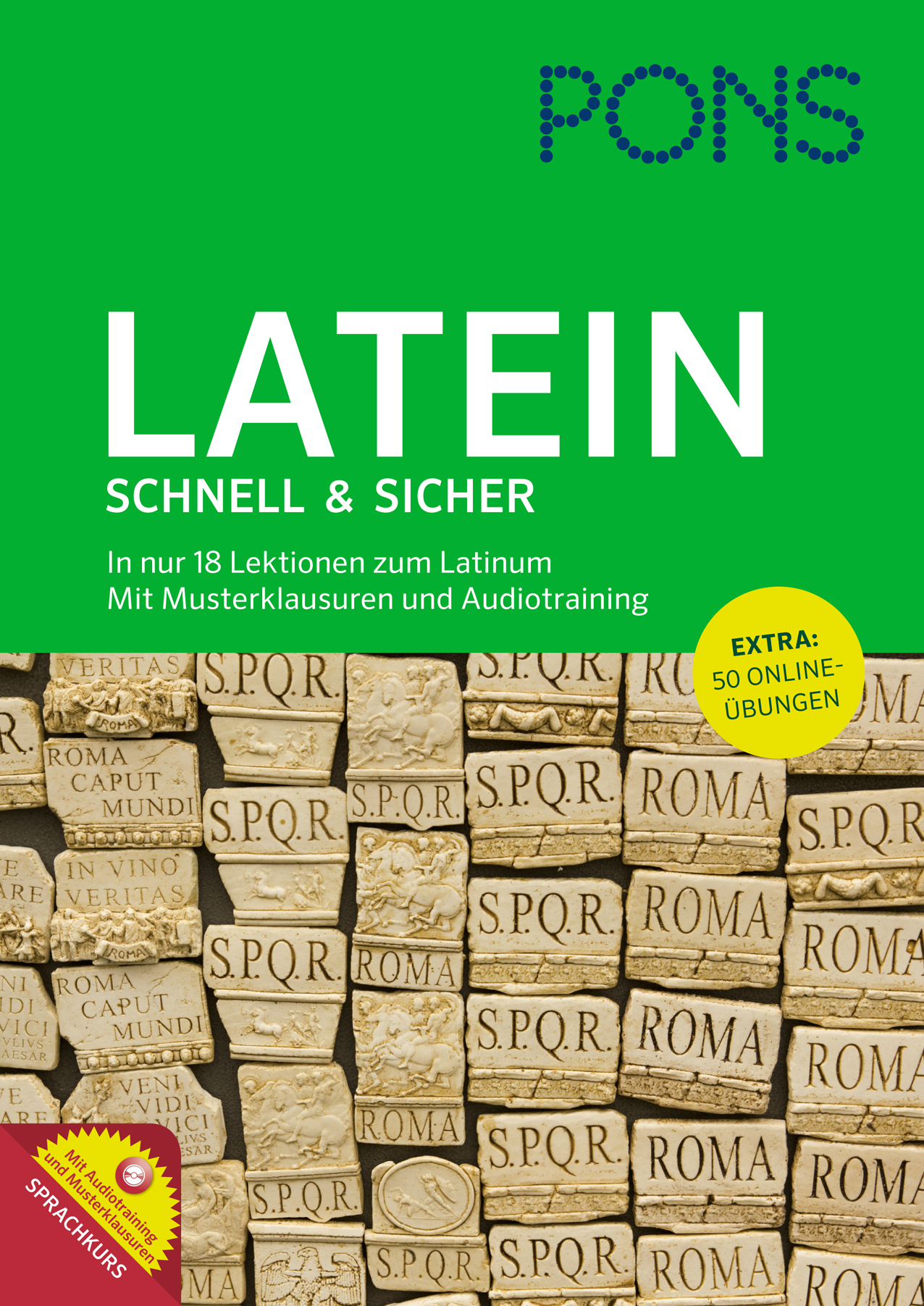PONS Latein schnell & sicher Umschlag eines deutschen Lateinkursbuchs mit dem Titel Latein Schnell & Sicher, mit Kacheln im römischen Stil mit Inschriften und Werbeplaketten.