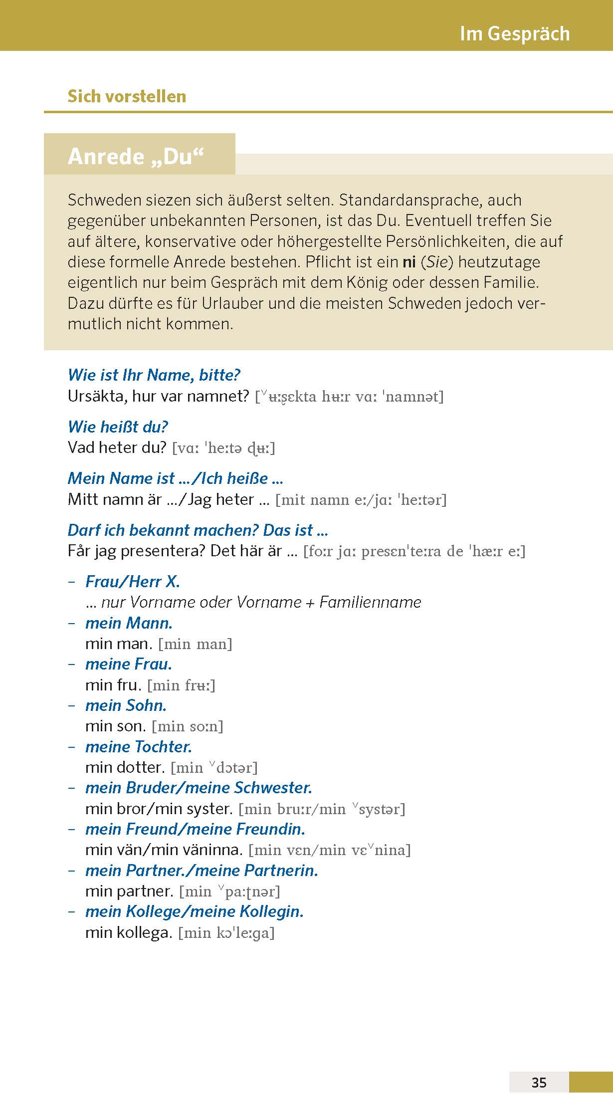 Eine deutsche Lehrbuchseite erklärt die informelle Anrede in Schweden, mit deutsch-schwedischen Konversationsbeispielen und Vokabeln für Einführungen. Der Text ist hervorgehoben und in Abschnitte unterteilt.