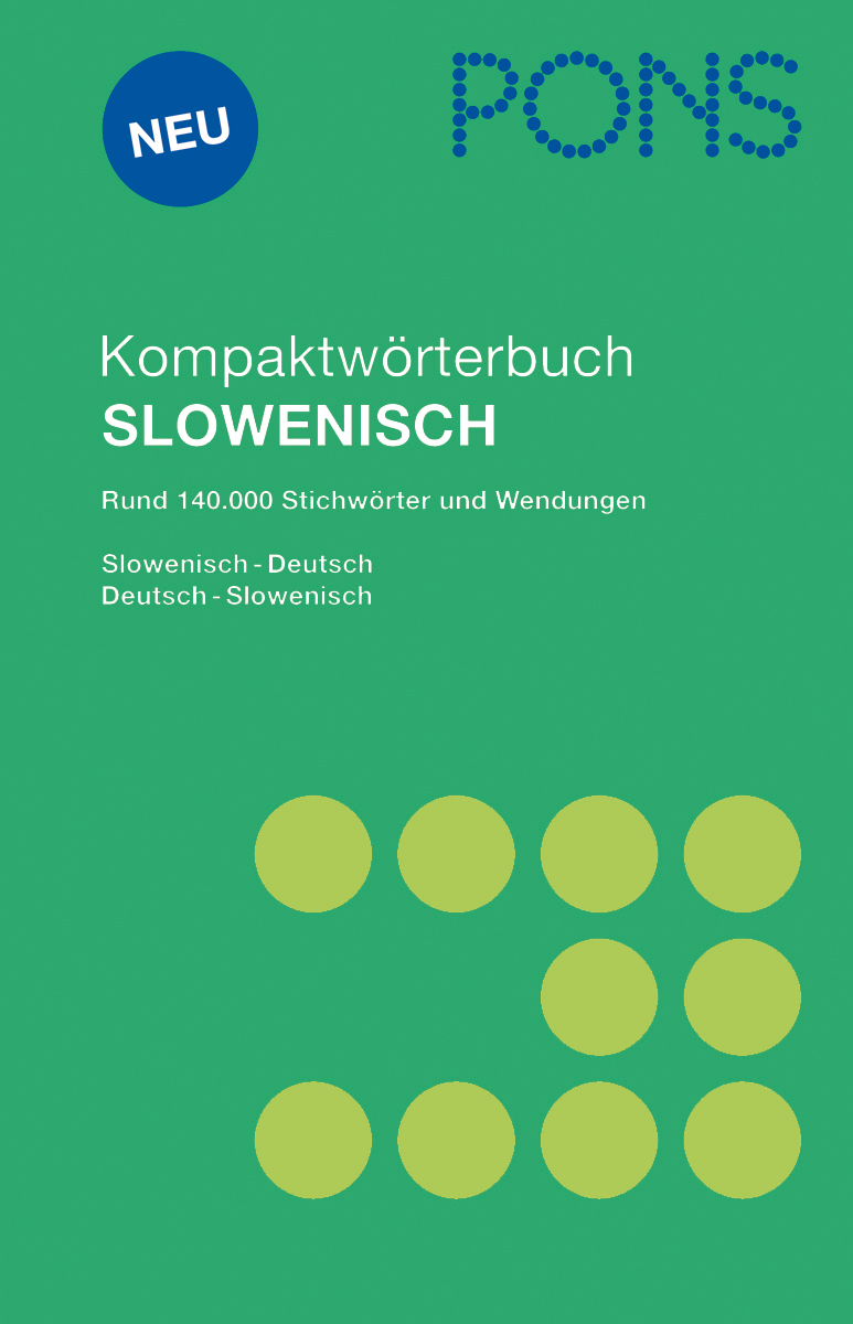 Cover eines PONS Kompaktwörterbuchs Slowenisch mit Titel, Editionsangaben und grünen Punkten auf blauem Hintergrund.