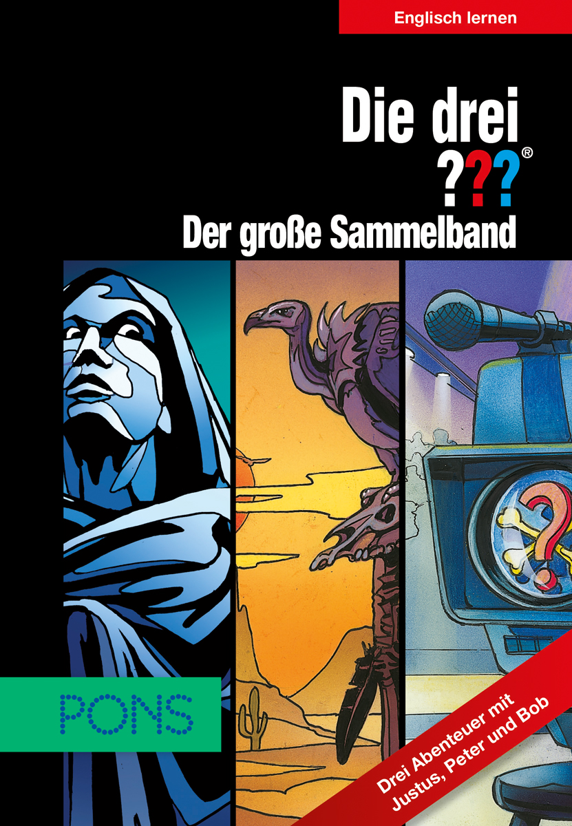 Buchumschlag für Die drei ??? Das große Sammelband mit stilisierten Illustrationen einer Statue, eines Geiers in der Wüste und eines Fotoapparats sowie einem deutschen Text über das Englischlernen.