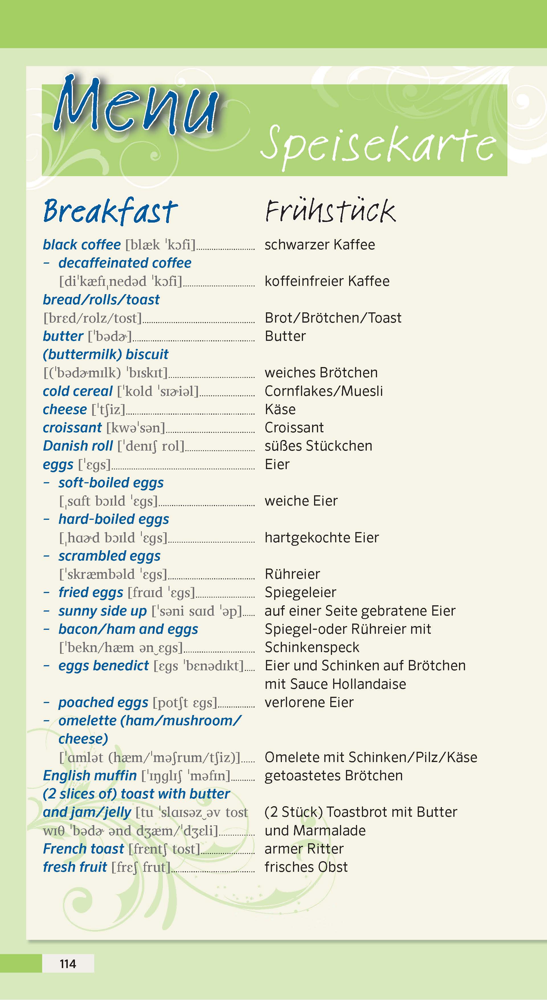 Frühstücksmenü auf Englisch und Deutsch mit Getränken, Brot, Eiern, Käse, Croissant, Marmelade und Butter, mit Aussprache und Übersetzungen für jeden Artikel.