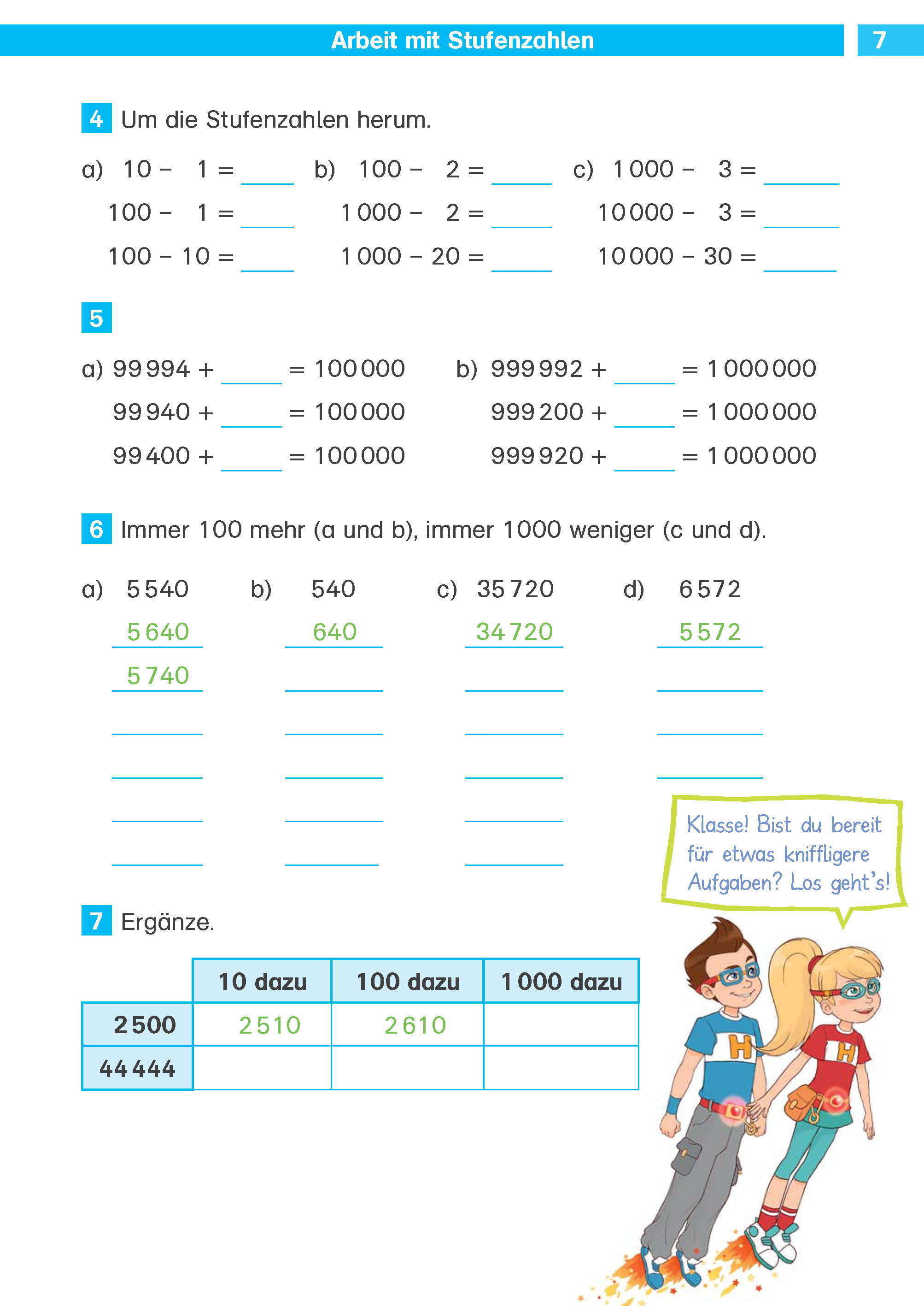 Ein deutsches Mathe-Arbeitsblatt für Kinder mit Übungen zur Addition und Subtraktion von Tausendern, Fragen zum Ausfüllen und Cartoon-Superhelden in der unteren rechten Ecke.