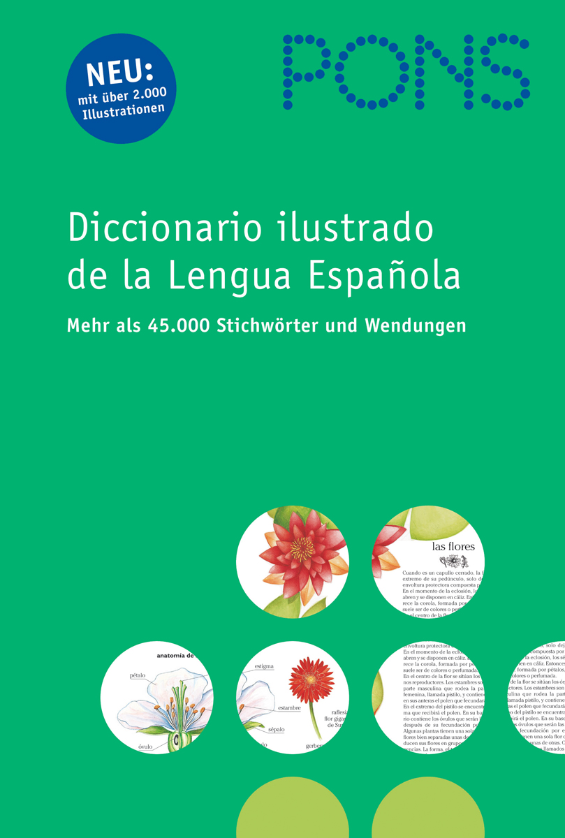 Diccionario ilustrado de la lengua espanola Umschlag eines spanischen illustrierten Wörterbuchs von PONS mit botanischen Illustrationen und Texten in Deutsch und Spanisch, die den Inhalt beschreiben.