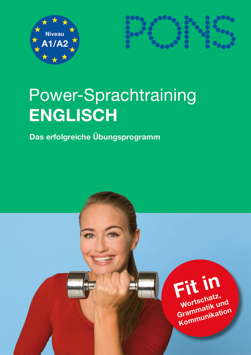 Eine Frau in einem roten Hemd hebt eine Hantel und lächelt. Das Cover zeigt den Titel Power-Sprachtraining Englisch und einen Werbetext für ein englischsprachiges Programm.