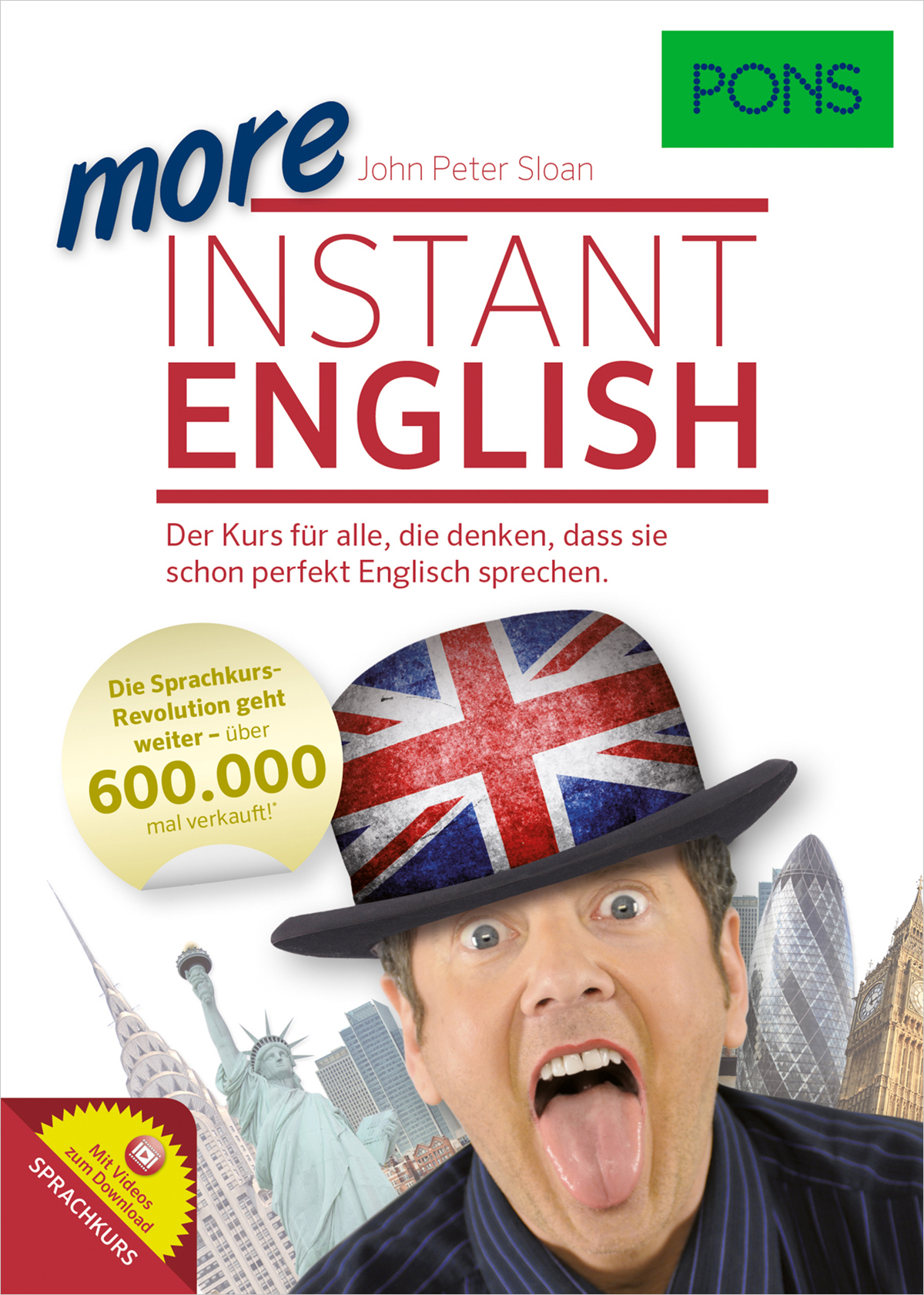 Das Buchcover von More Instant English von John Peter Sloan zeigt einen Mann mit einem Union-Jack-Hut und Londoner Wahrzeichen im Hintergrund. Der Text hebt den Verkauf von Sprachkursen hervor.