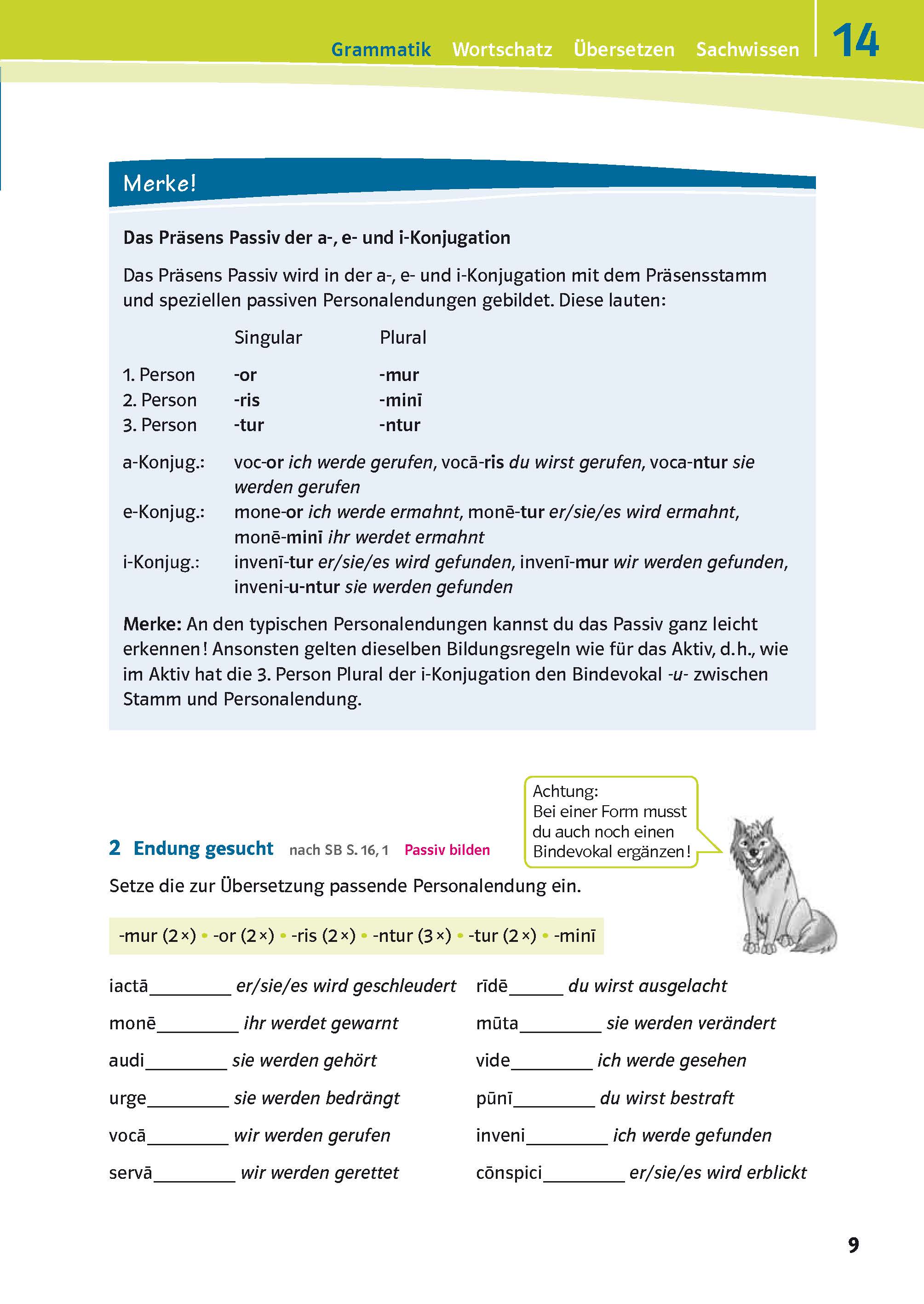Eine Seite aus dem Deutschlehrbuch erklärt die Endungen des Passivs im Präsens für verschiedene Konjugationen, mit Tabellen, Beispielsätzen, farblichen Hervorhebungen und einem Hunde-Cartoon in der Ecke.