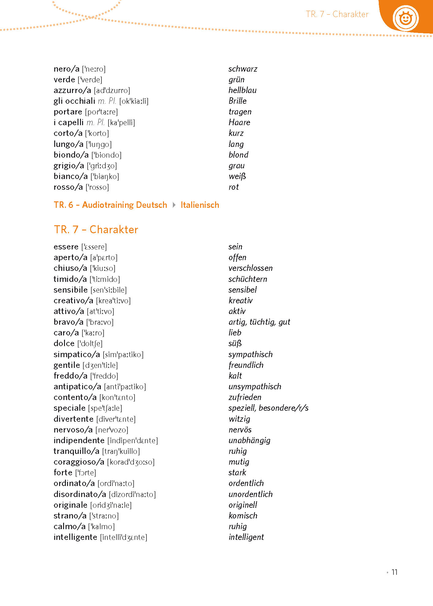 Eine zweispaltig formatierte Vokabelliste vergleicht italienische und deutsche Wörter für Farben und Charaktereigenschaften, einschließlich Aussprache und Übersetzung.