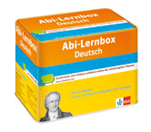 Eine rechteckige orange-blaue Schachtel mit der Aufschrift Abi-Lernbox Deutsch und dem Bild eines Mannes in der unteren vorderen Ecke.