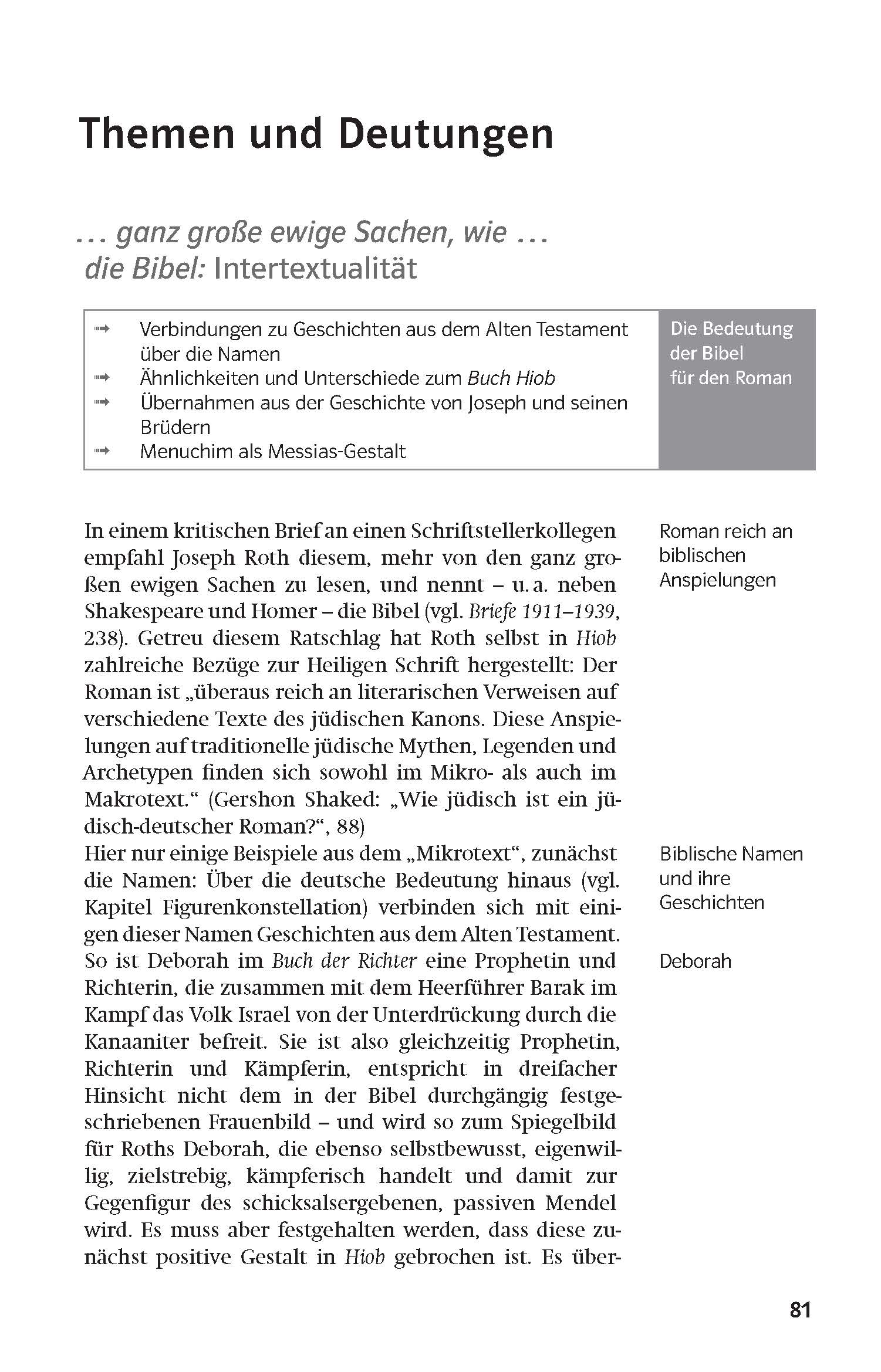 Eine deutschsprachige Lehrbuchseite mit dem Titel Themen und Deutungen diskutiert die biblische Intertextualität im Roman Hiob mit Text, Aufzählungspunkten und einer hervorgehobenen Seitenleiste.