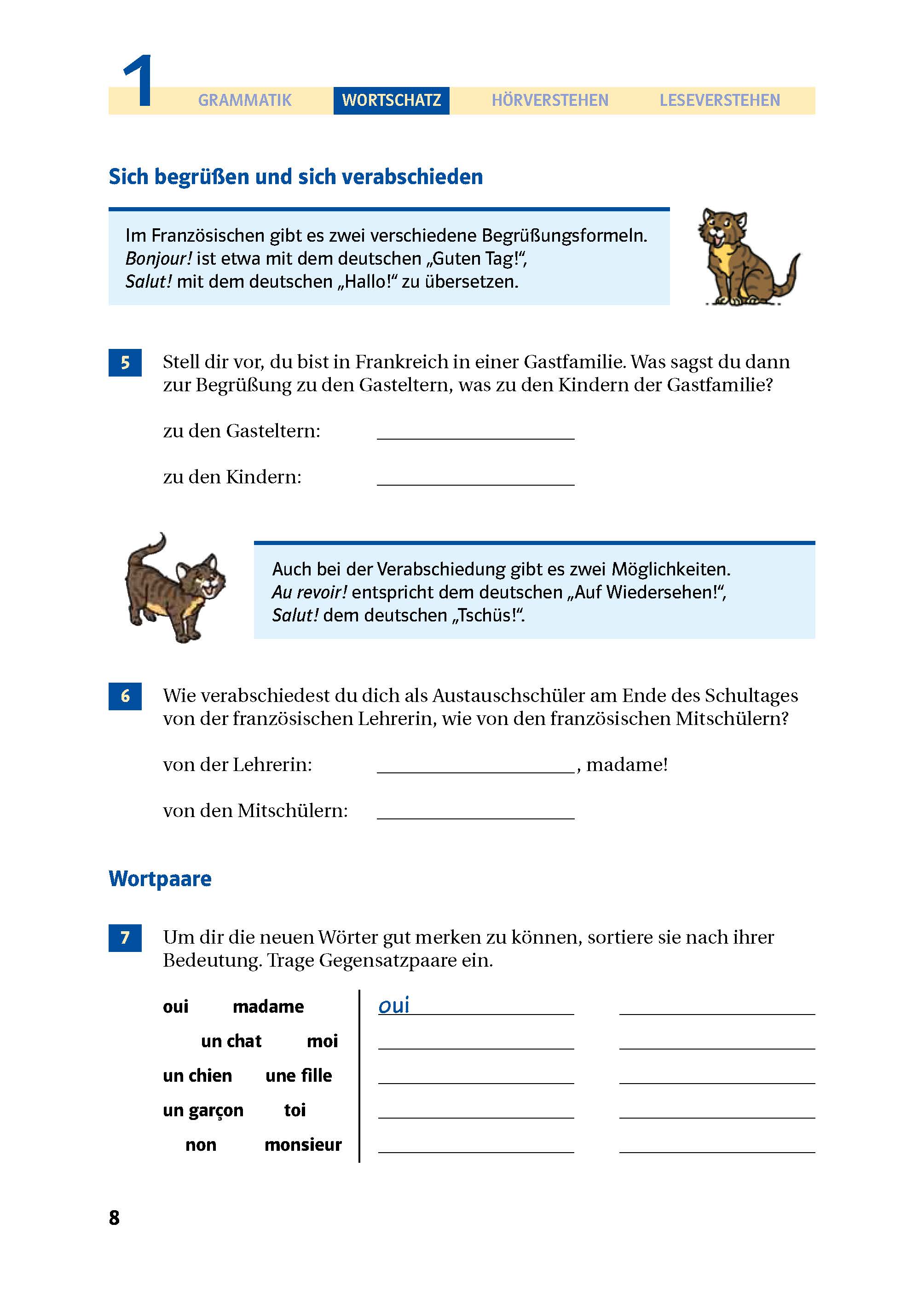 Eine deutsche Lehrbuchseite mit blauen Überschriften, Cartoon-Katzen, französischen und deutschen Begrüßungsfloskeln, nummerierten Übungen und leeren Feldern für Schülerantworten.