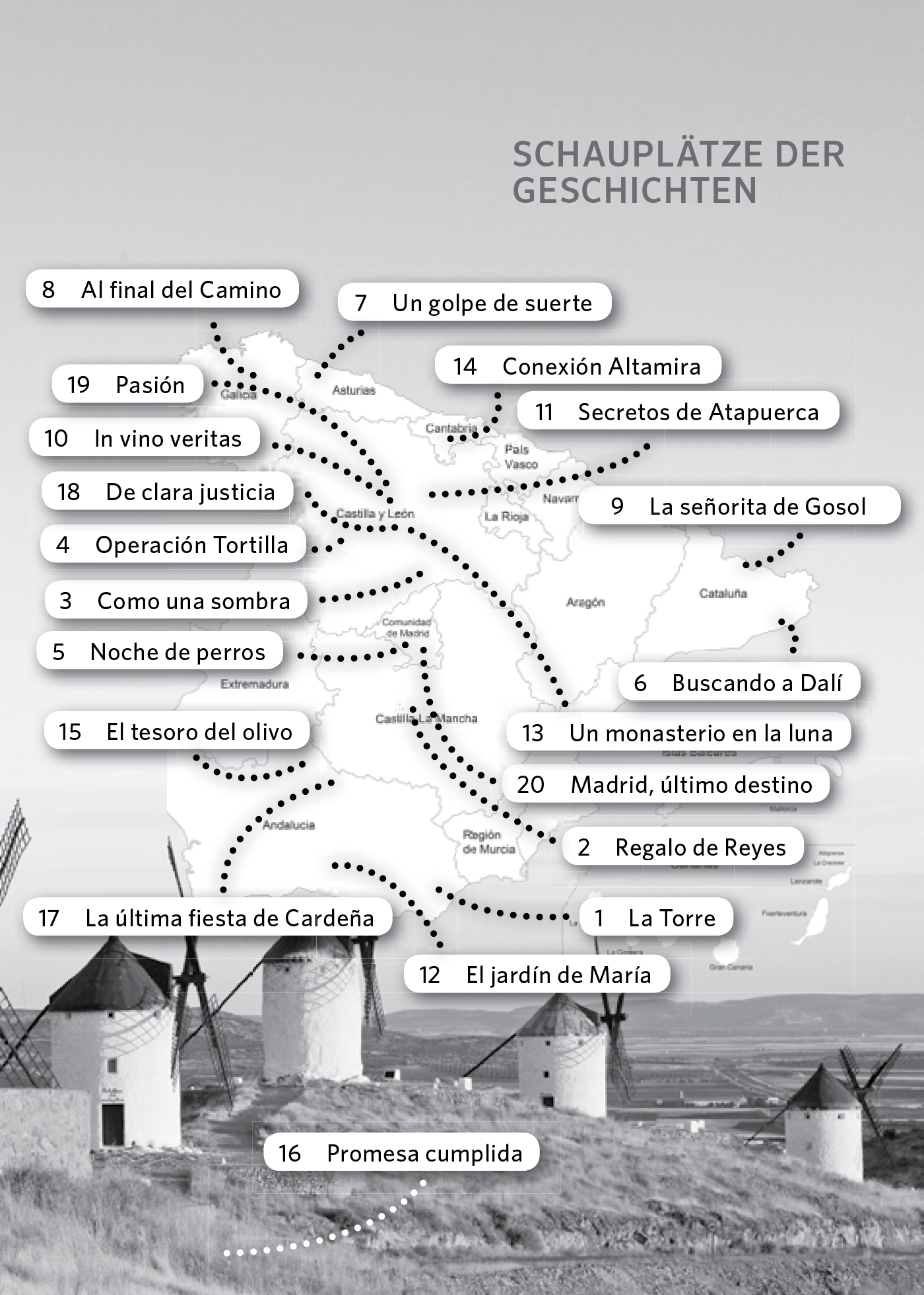 Eine Graustufenkarte von Spanien mit gepunkteten Linien, die nummerierte Titel von Geschichten in spanischer Sprache verbinden, überlagert ein Bild von traditionellen Windmühlen.