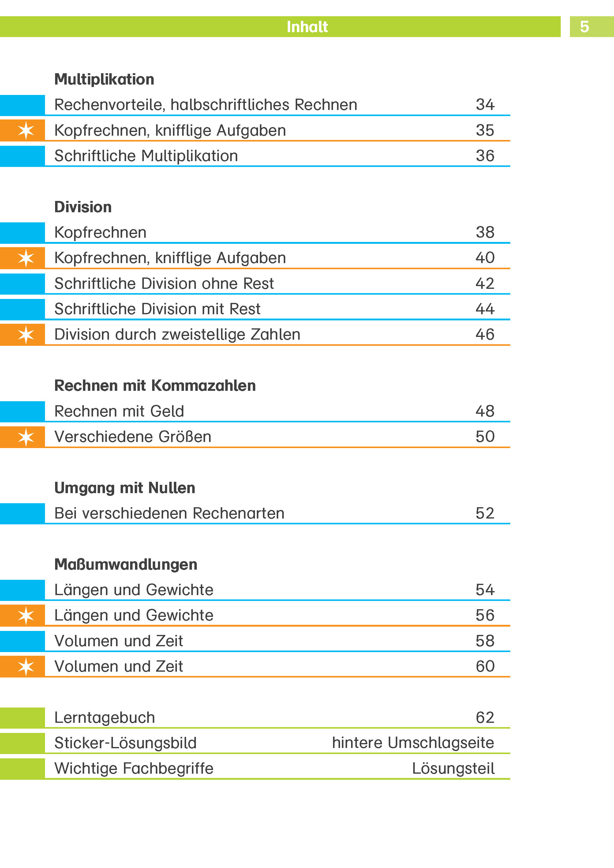 Inhaltsverzeichnis mit einer Auflistung mathematischer Themen wie Multiplikation, Division, Dezimalzahlen, Umgang mit Nullen und Umrechnung von Einheiten mit den entsprechenden Seitenzahlen und Abschnittsüberschriften.