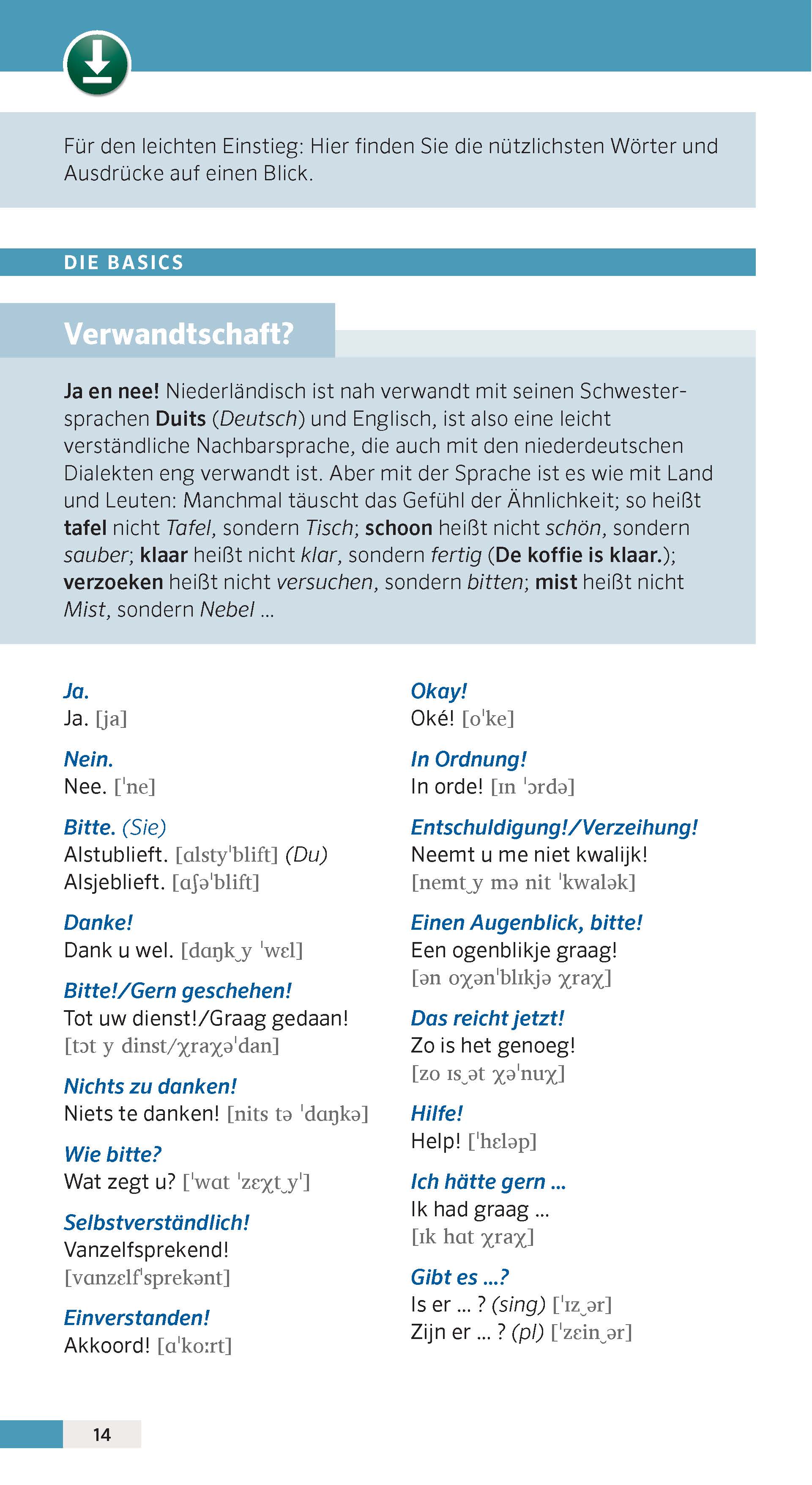 Eine deutschsprachige Lehrbuchseite führt in grundlegende niederländische Sätze, Wörter und Aussprachetipps ein und vergleicht Gemeinsamkeiten und Unterschiede mit dem Deutschen. Die wichtigsten niederländischen Begriffe sind mit Übersetzungen ...