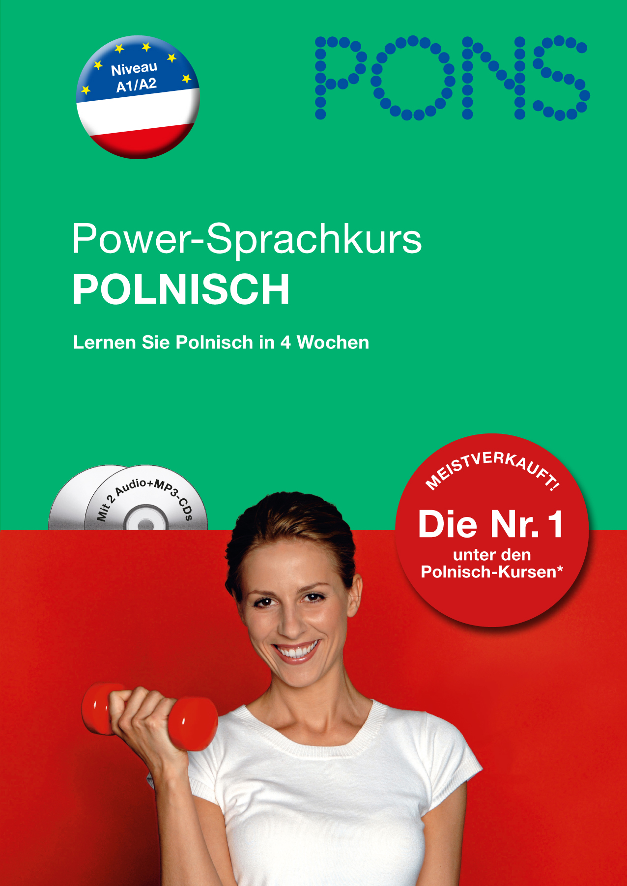 Umschlag eines deutsch-polnischen Sprachkursbuchs mit dem Titel Power-Sprachkurs Polnisch, das eine lächelnde Frau zeigt, die eine Hantel vor einem roten Hintergrund hält.