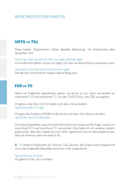 Eine Lehrbuchseite zur Erklärung der englischen Präpositionen until/till und for/to, mit deutschen Übersetzungen und Beispielsätzen in beiden Sprachen.