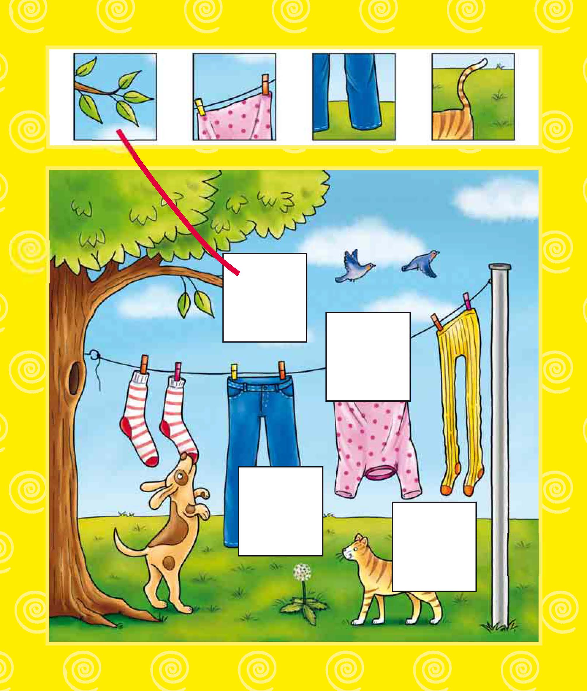 Ein Hund und eine Katze stehen neben einer Wäscheleine mit Wäsche; in Schachteln befinden sich Gegenstände, die den Bildern von Blättern, Hosen, einem Schwanz und einem Hemd darüber zuzuordnen sind.