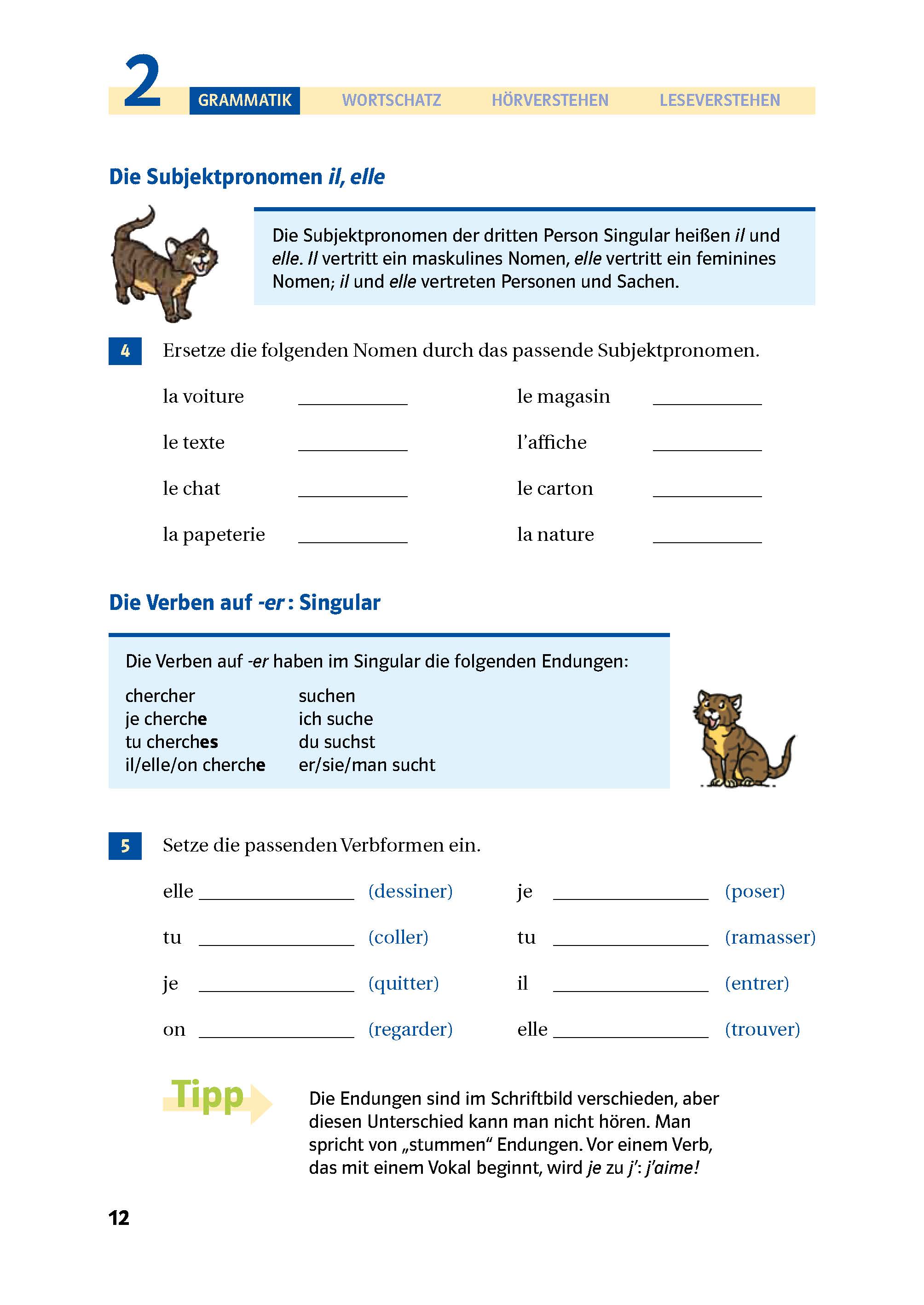Ein Arbeitsblatt zur französischen Grammatik mit Übungen zu den Subjektpronomen il, elle und den Verbendungen im Singular -er, illustriert mit einer Zeichentrickkatze.