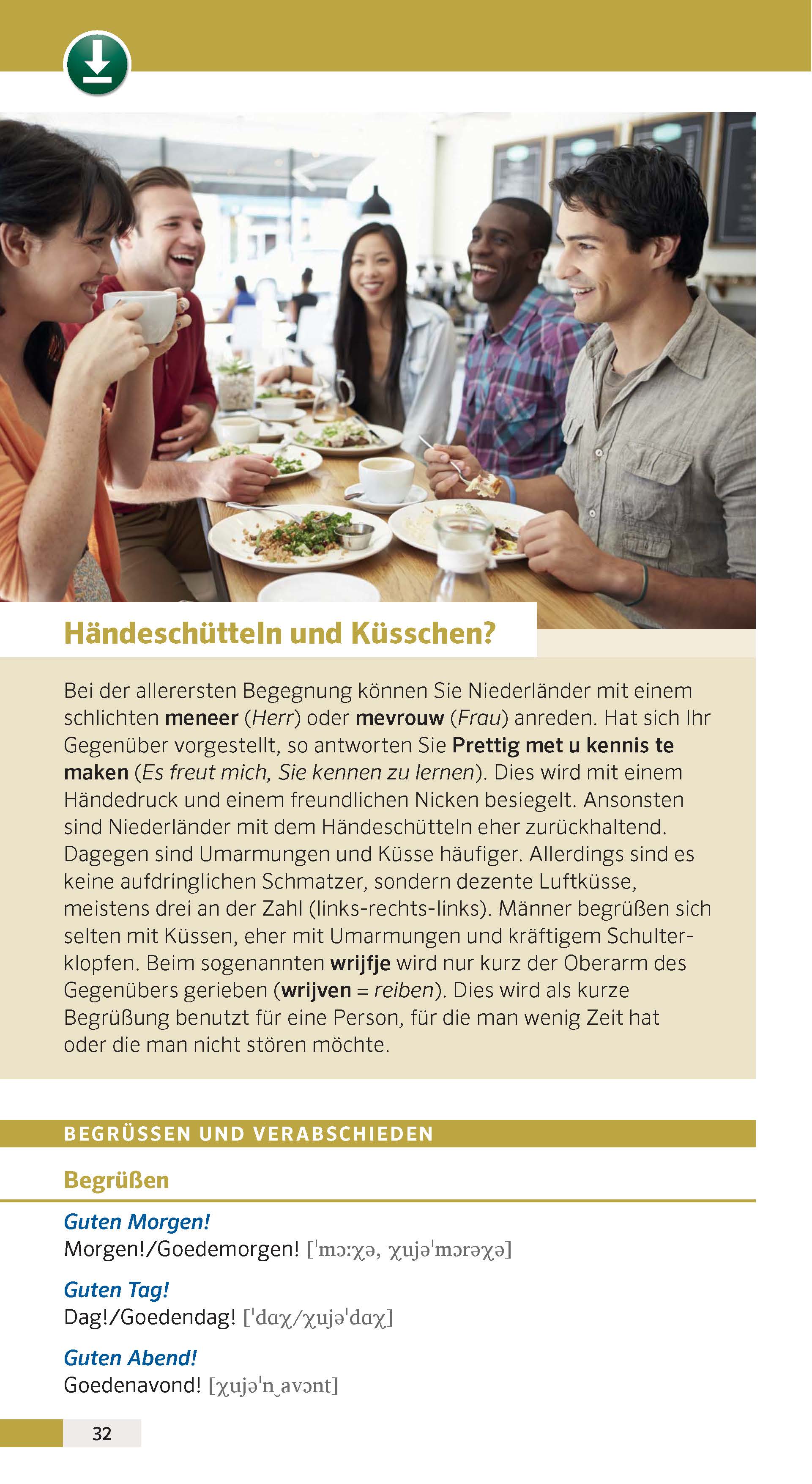 Eine deutschsprachige Broschürenseite erklärt niederländische Begrüßungen, einschließlich Händeschütteln, Umarmungen und Küsse, mit hervorgehobenen Begriffen und Beispielsätzen für die Begrüßung und Verabschiedung.