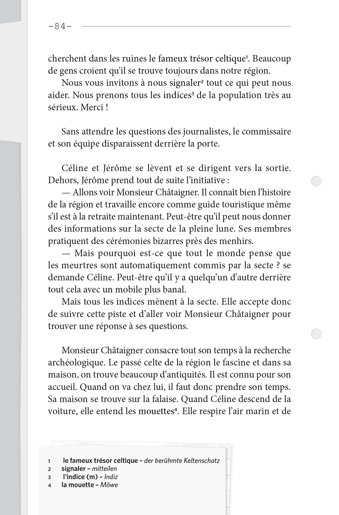 Eine Seite aus einem französischen Buch mit gedrucktem Text über Ruinen, die örtliche Bevölkerung und Personen namens Céline und Jérôme, die sich unterhalten.