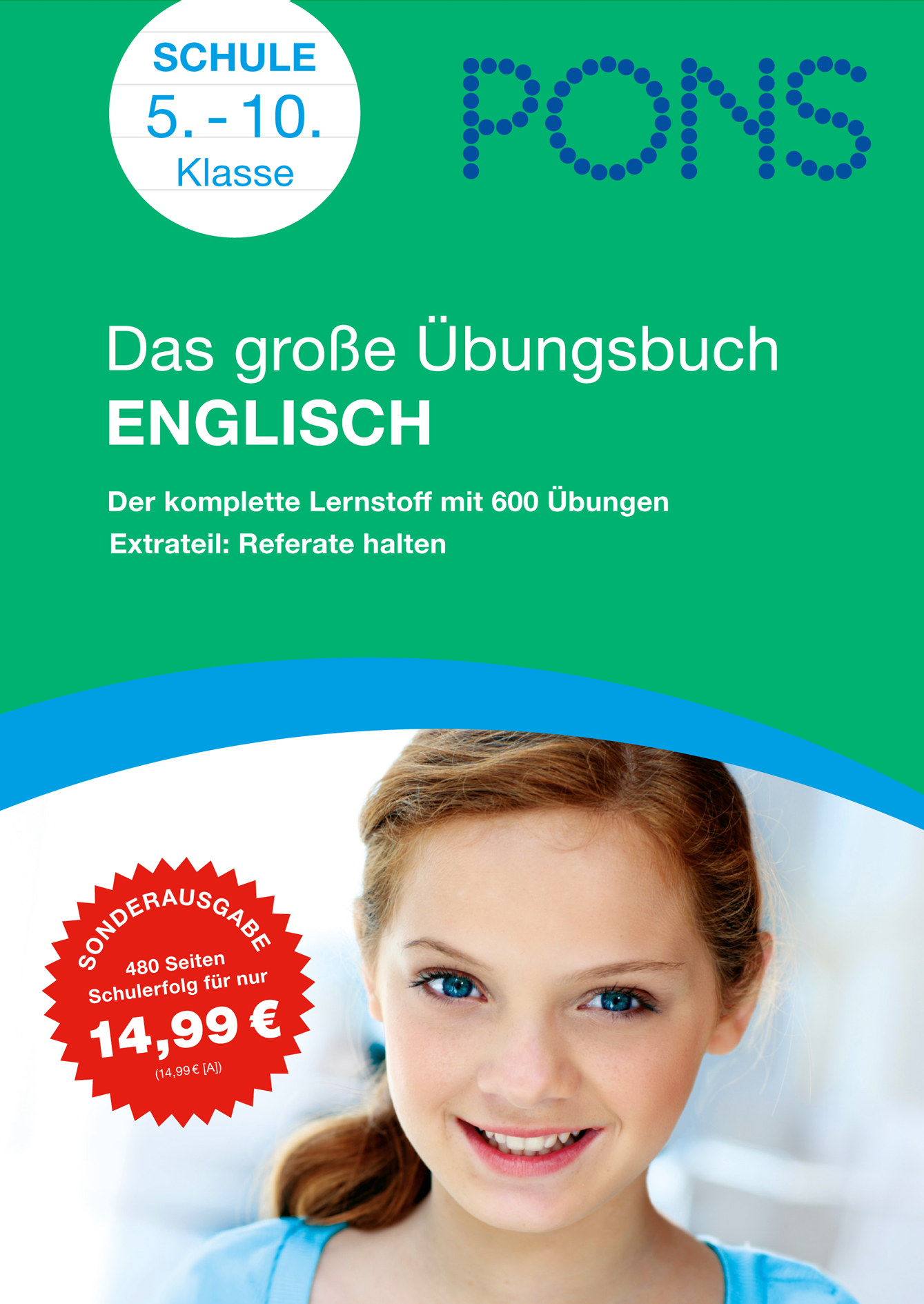Umschlag eines Deutsch-Englisch-Heftes für die Klassen 5-10, mit einem lächelnden Mädchen, einem Werbeaufkleber und einem Text, der 600 Übungen und Sprechaufgaben hervorhebt.
