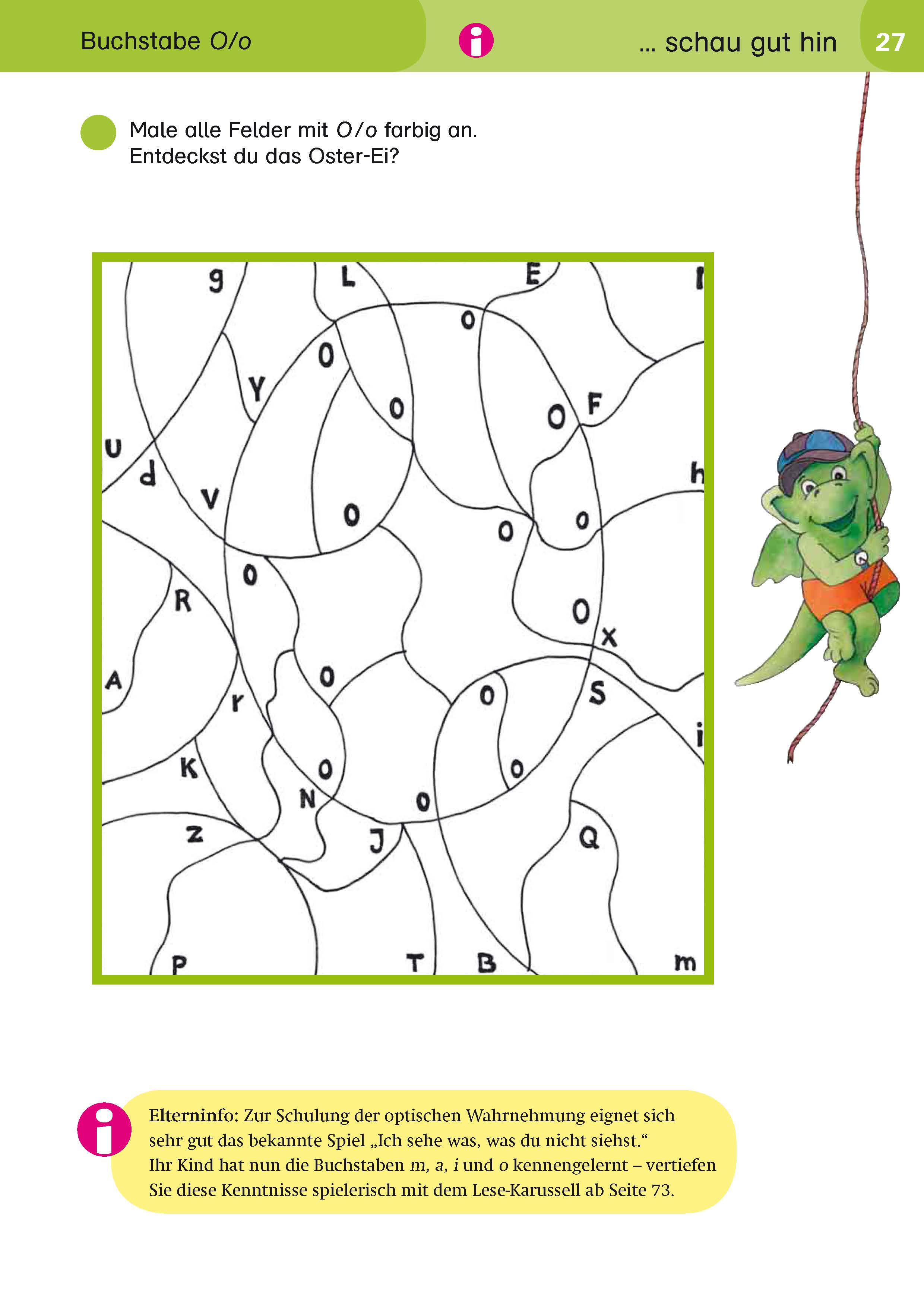 Ein schwarz-weißes Buchstabensuchspiel mit sich überschneidenden Formen und Buchstaben, mit einem Zeichentrickdrachen auf der rechten Seite und deutschem Anleitungstext über und unter dem Rätsel.