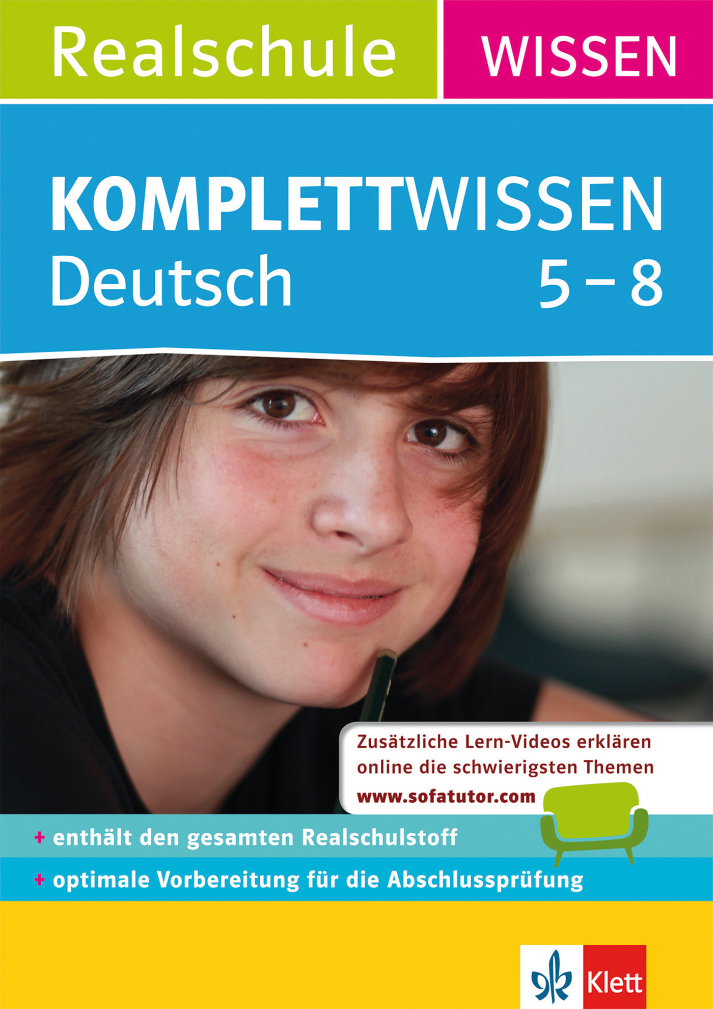 Ein lächelnder Teenager mit glattem braunem Haar erscheint auf dem Cover eines Deutschlehrbuchs für die Klassen 5-8 mit dem Titel Komplettwissen Deutsch.