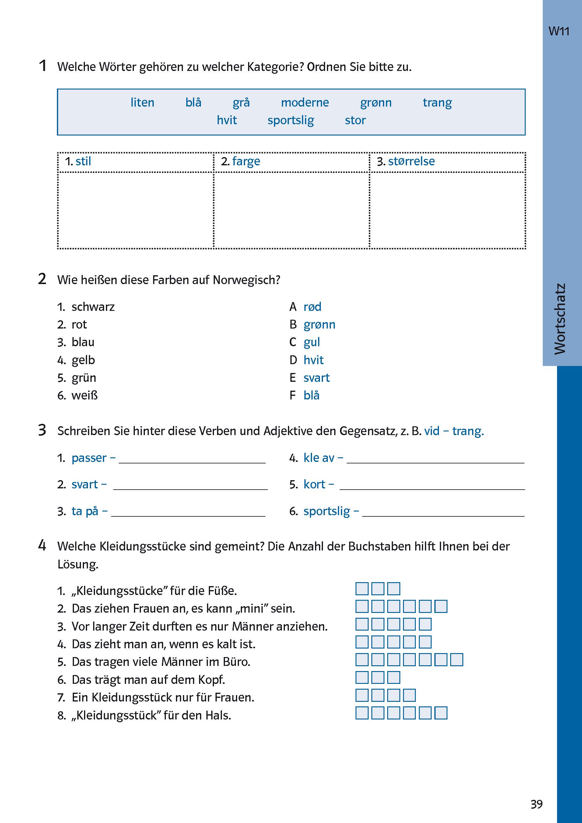 Ein deutsches Arbeitsblatt mit Übungen zu Farben, Adjektiven und Kleidung auf Norwegisch, einschließlich Tabellen, Listen und Aufgaben zum Ausfüllen der Felder. Die Seite ist mit Wortschatz betitelt.