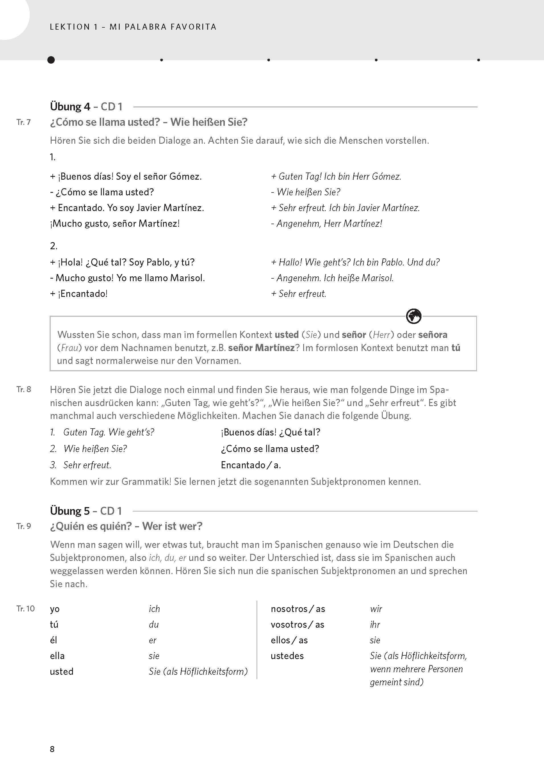 Eine Lehrbuchseite zeigt spanische Dialoge, in denen man sich formell und informell vorstellt, mit Erklärungen zur Verwendung von señor und señora im Gespräch.