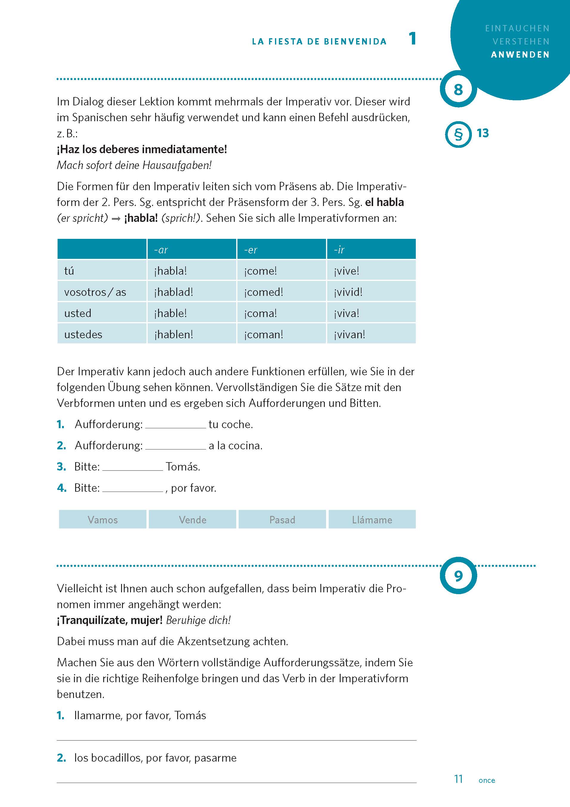 Eine spanische Lehrbuchseite mit Konjugationen der Verben hablar, comer und vivir im Präsens, mit Erklärungen und Beispielen auf Deutsch und blau akzentuierten Gestaltungselementen.
