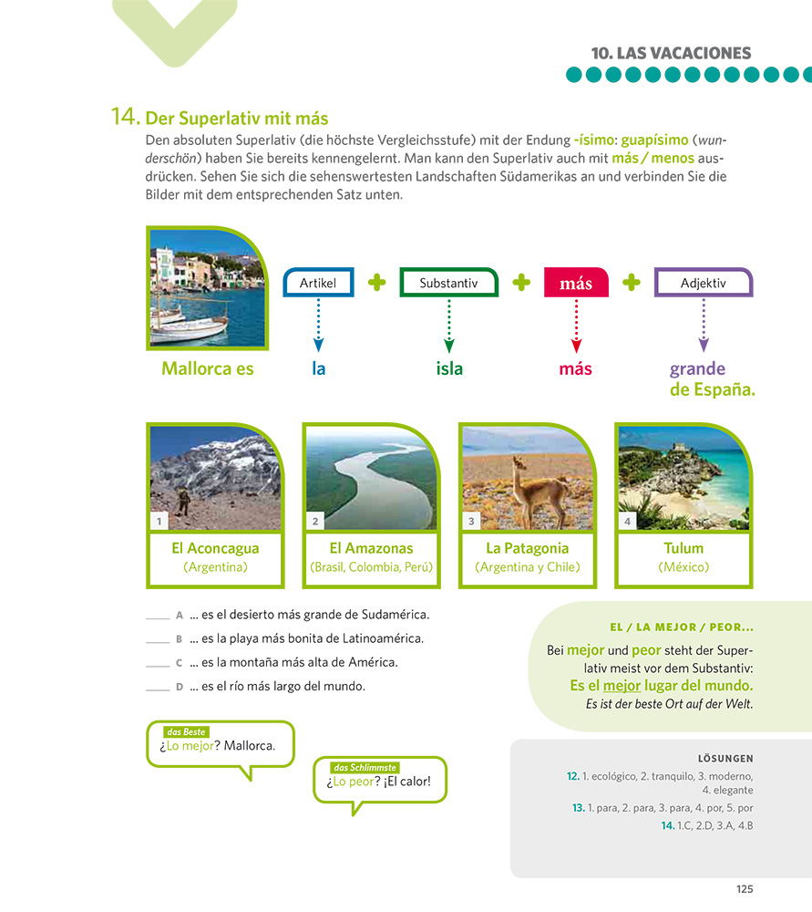 Eine spanischsprachige Lehrbuchseite erklärt den Superlativ mit más, mit Fotos von südamerikanischen Landschaften und einem Beispiel, dass Mallorca die größte Insel Spaniens ist.
