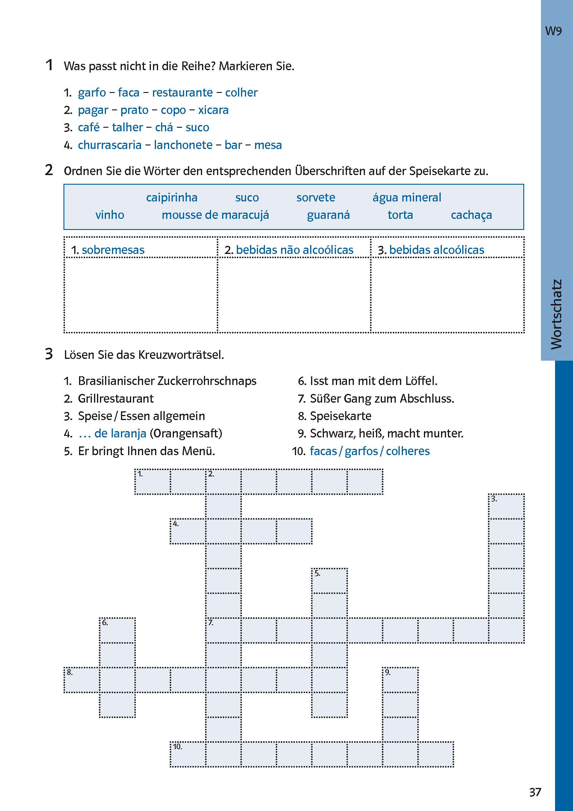 Ein deutschsprachiges Arbeitsblatt mit Vokabeln und Aktivitäten zum Thema Essen und Trinken, einschließlich Zuordnung, Kategorisierung und einem Kreuzworträtsel.