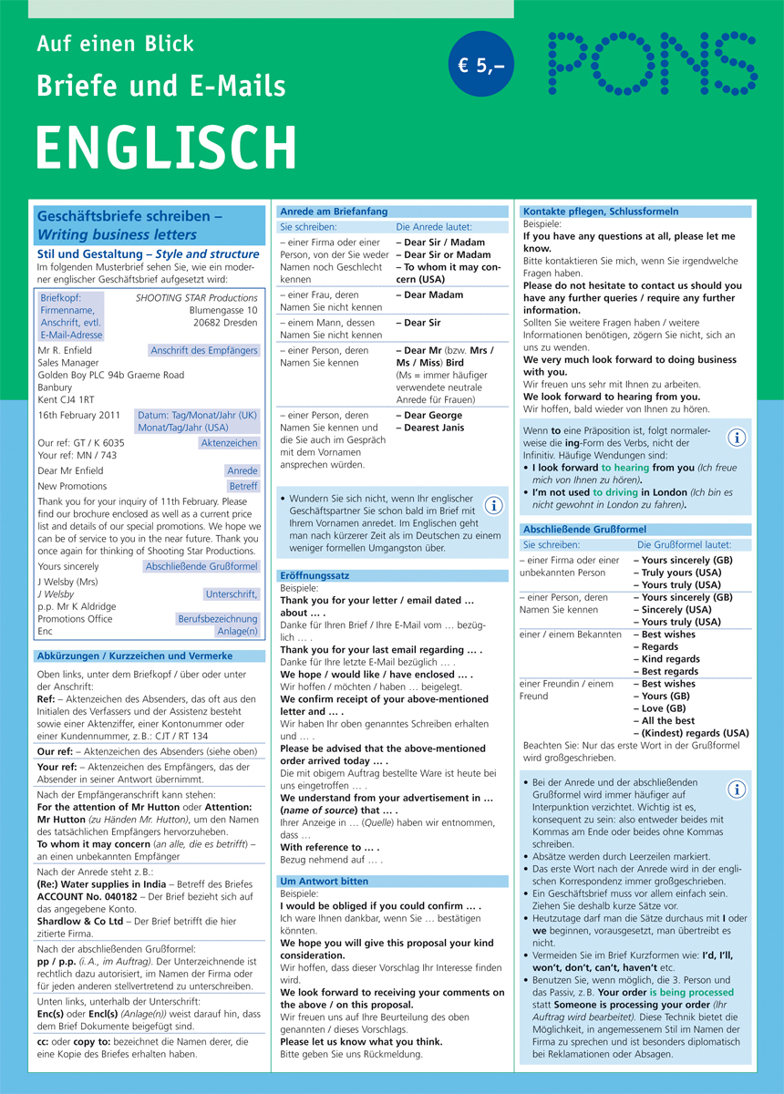 Eine deutsch-englische Referenztabelle mit Phrasen und Vokabeln für das Schreiben von Geschäftsbriefen und E-Mails, geordnet nach Kategorien und Themen, mit deutschen und englischen Übersetzungen.