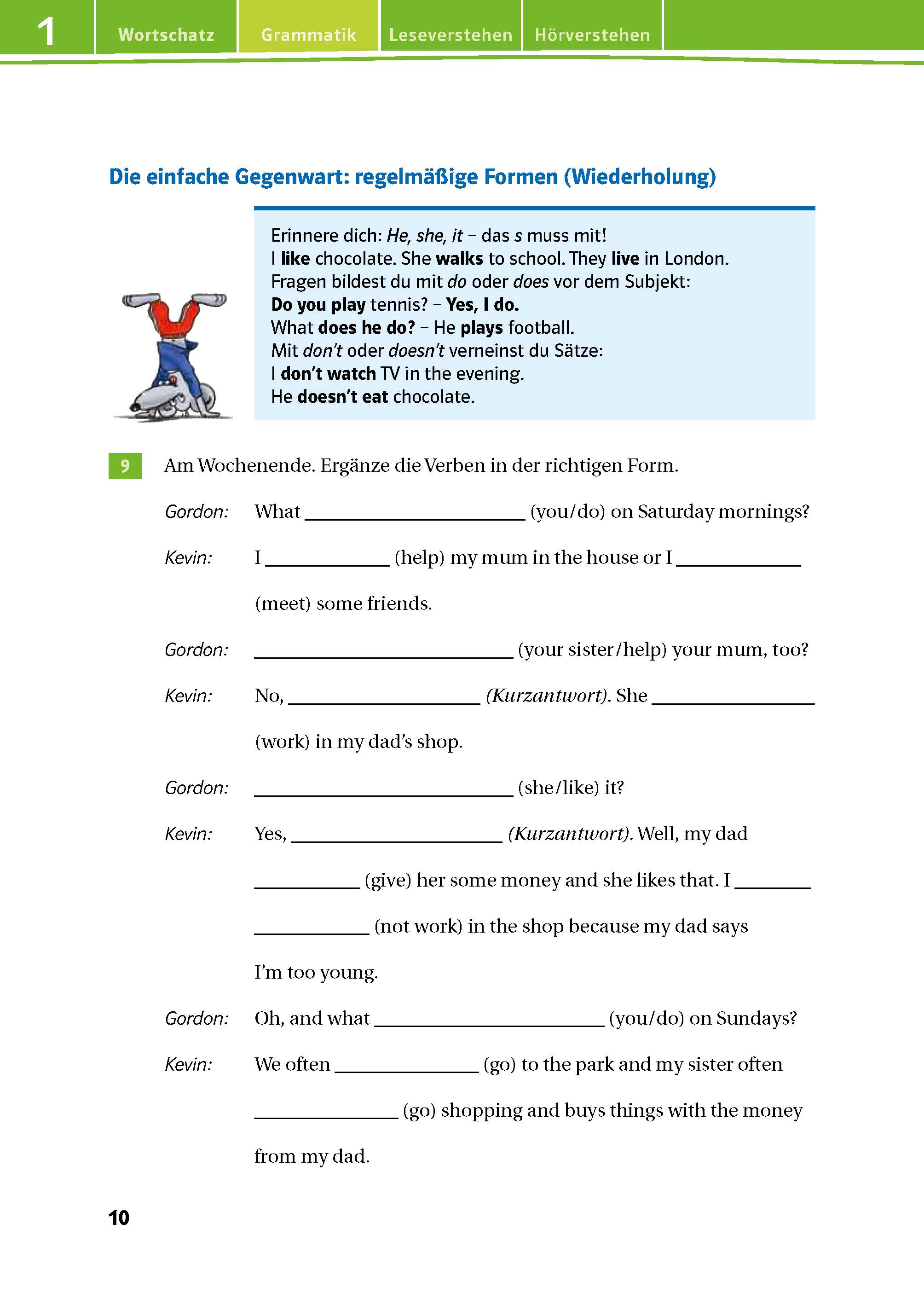 Ein Arbeitsblatt mit deutschen und englischen Grammatikübungen, die die Schüler auffordern, einfache Verbformen im Präsens in vorgegebenen Dialogen auszufüllen.
