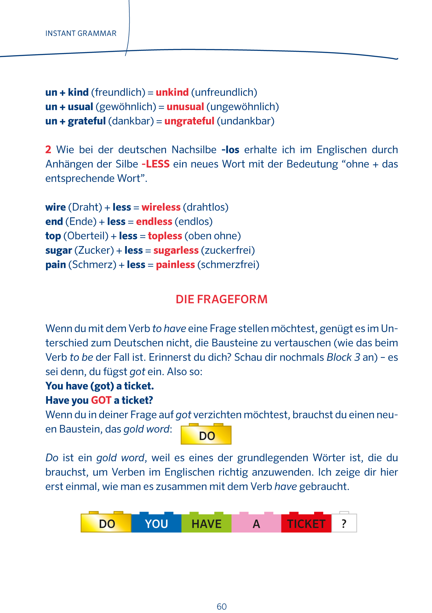 Eine Lehrbuchseite erklärt die englische Wortbildung mit -less und die Bildung von Fragen mit have, mit einer Tabelle und einem farblich gekennzeichneten Beispielsatz.