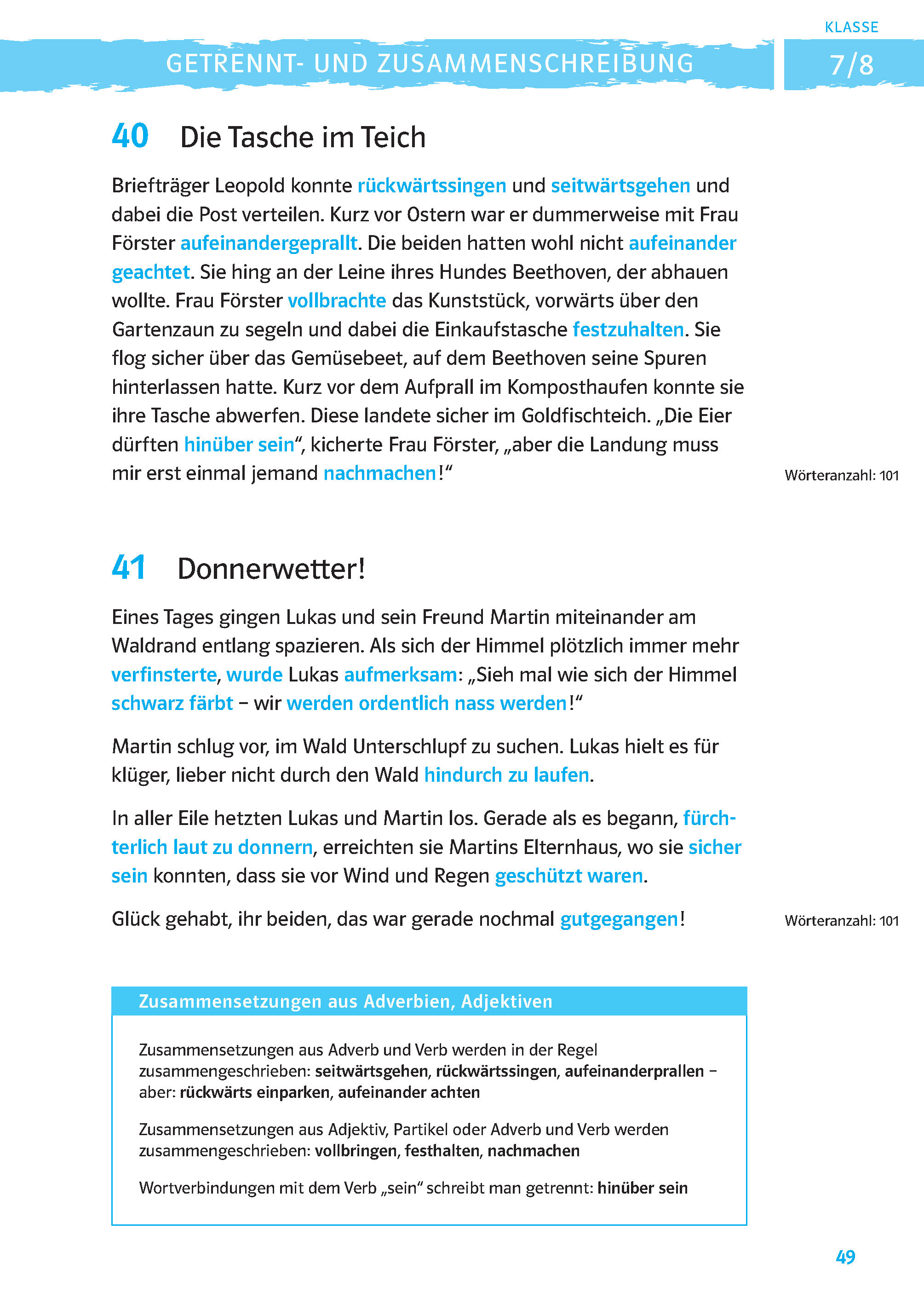 Eine Seite aus einem Deutschlehrbuch zeigt zwei farblich hervorgehobene Beispieltexte zu zusammengesetzten Wörtern, mit nummerierten Titeln, Vokabelhinweisen und einer blauen Kopfzeile, die die Klassenstufe 7/8 angibt.