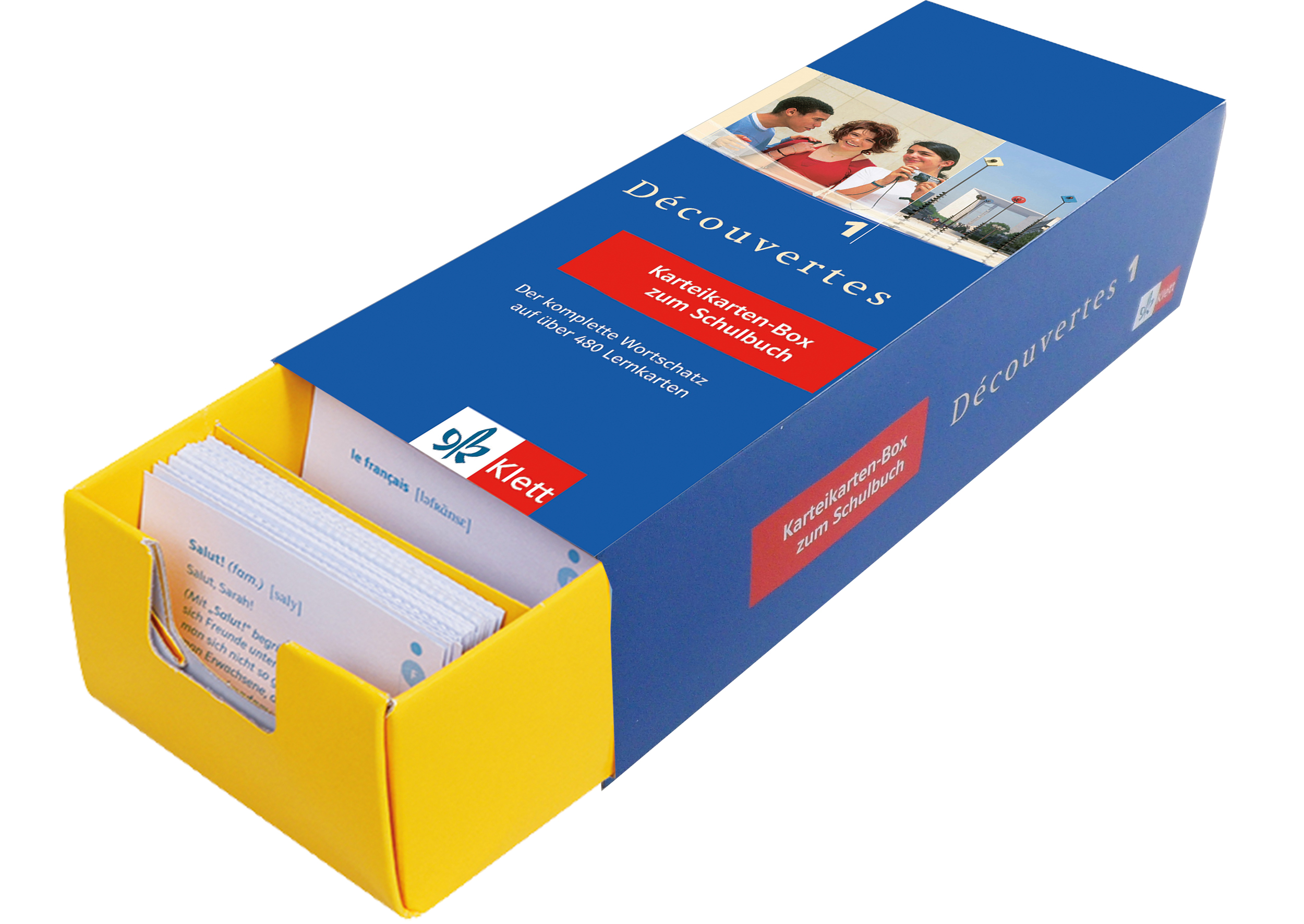 Eine blau-gelbe Schachtel mit der Aufschrift Découvertes 1 enthält einen Stapel Vokabelkarten zum Erlernen der französischen Sprache, hergestellt von Klett.