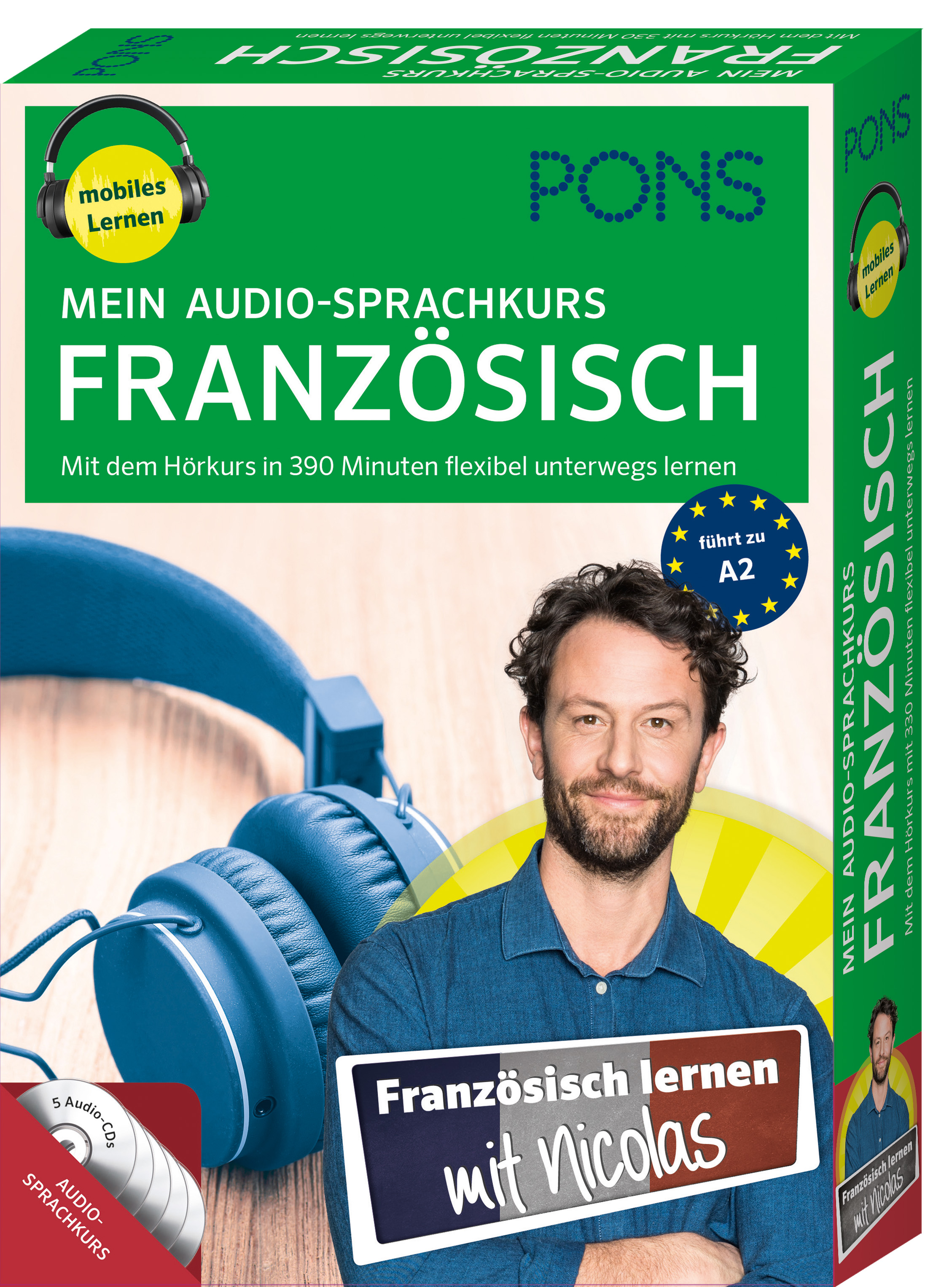 Schachtelcover von PONS Mein Audio-Sprachkurs Französisch mit Kopfhörern, Audio-CDs und einem lächelnden Mann, beworben als flexibler Französisch-Audiokurs mit 390 Minuten Inhalt.