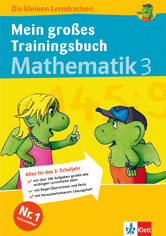 Umschlag eines deutschen Mathe-Arbeitsheftes für die 3. Klasse mit zwei sprechenden Zeichentrickdrachen, mathematischen Symbolen im Hintergrund und farbigem Text.
