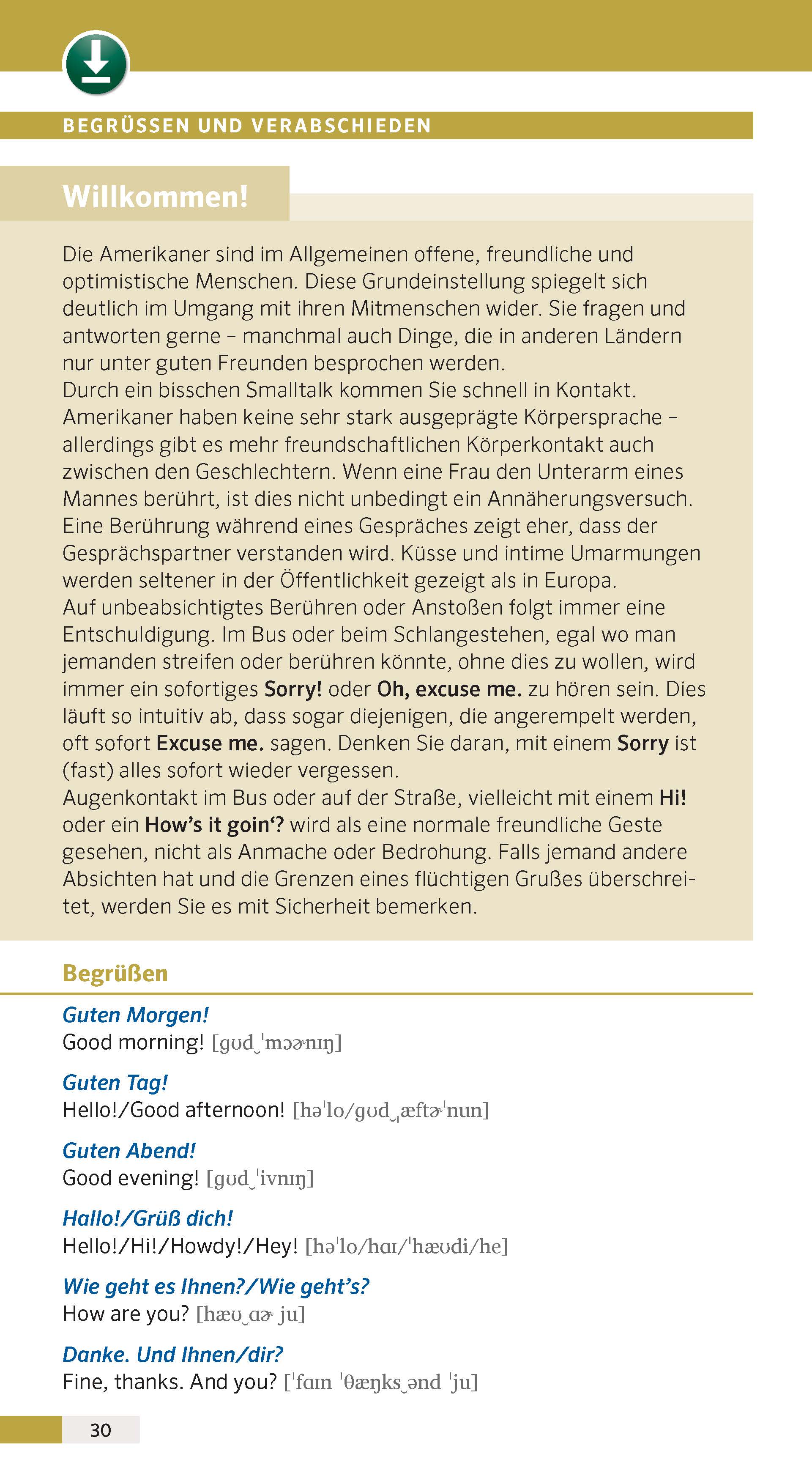 Eine deutschsprachige Informationsseite erklärt typisch amerikanische Begrüßungsformeln, Smalltalk, persönlichen Raum und soziale Normen, mit grünen und gelben Überschriften und hervorgehobenen Stichpunkten.