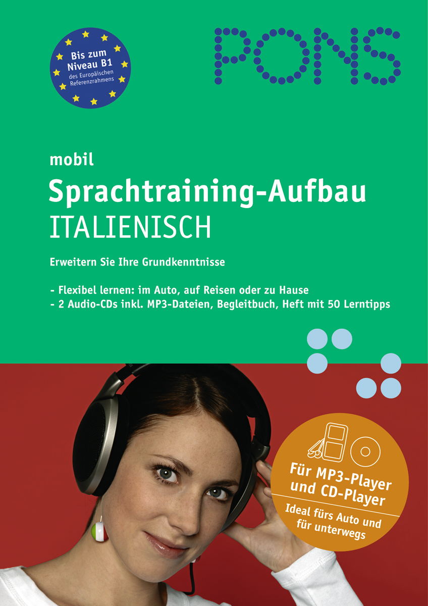 Cover eines PONS Audio-Trainingssets für die italienische Sprache mit einer Frau mit Kopfhörern und Informationen über die enthaltenen CDs und die Lernfunktionen auf Deutsch.
