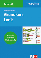 Umschlag des Buches Grundkurs Lyrik von Burkhard Moennighoff, mit blauen und grünen Blöcken, Text und dem Logo des Klett-Verlags.
