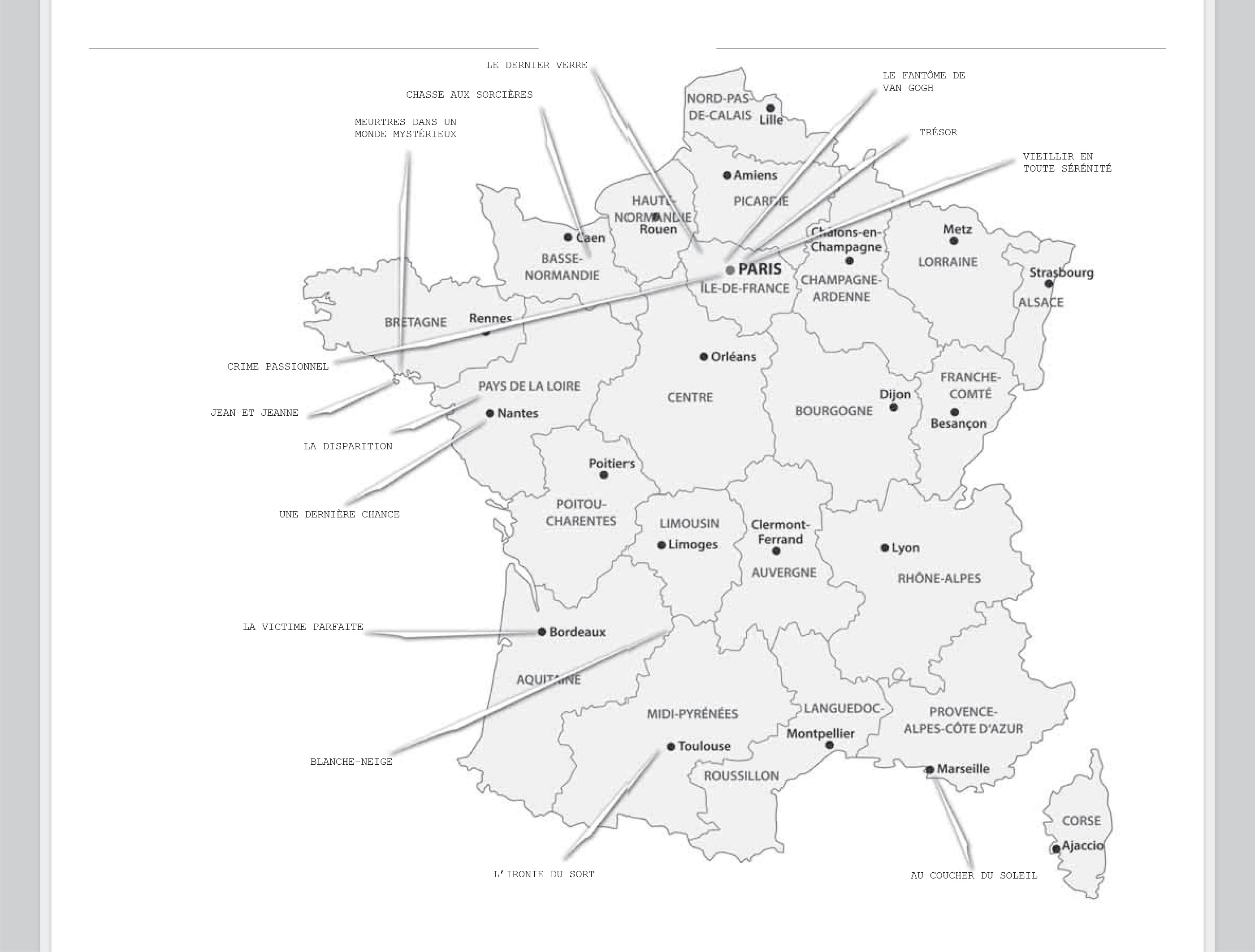 Eine beschriftete Karte von Frankreich, die verschiedene Regionen mit Pfeilen zeigt, die auf die einzelnen Regionen verweisen, begleitet von Textphrasen auf Französisch neben den Pfeilen.