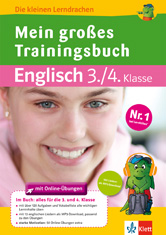 Das Cover eines Deutsch-Englisch-Arbeitsbuches für die Klassenstufen 3/4 zeigt ein lächelndes Kind, einen Zeichentrickdrachen mit Kopfhörern und einen Text, der für Online-Übungen wirbt.